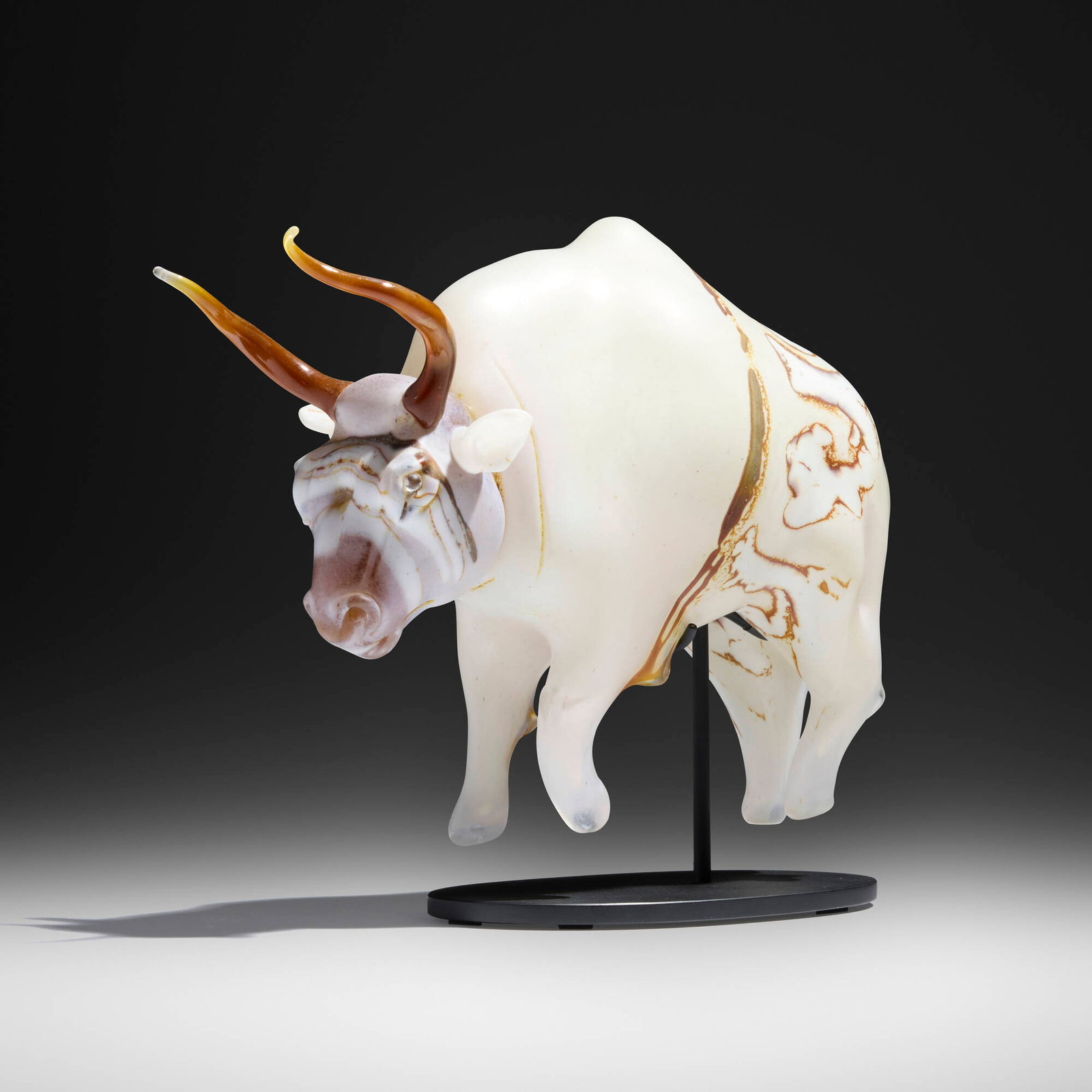 Shelley Muzylowski Allen, White Mini Toro: Shelley Muzylowski Allen White Mini Toro 2012 hand-blown glass, enameled steel 8.25 h x 10.75 w x 3.875 d in (21 x 27 x 10 cm) Etched signature and date to underside of bull 'S Muzylowski Allen 12'.