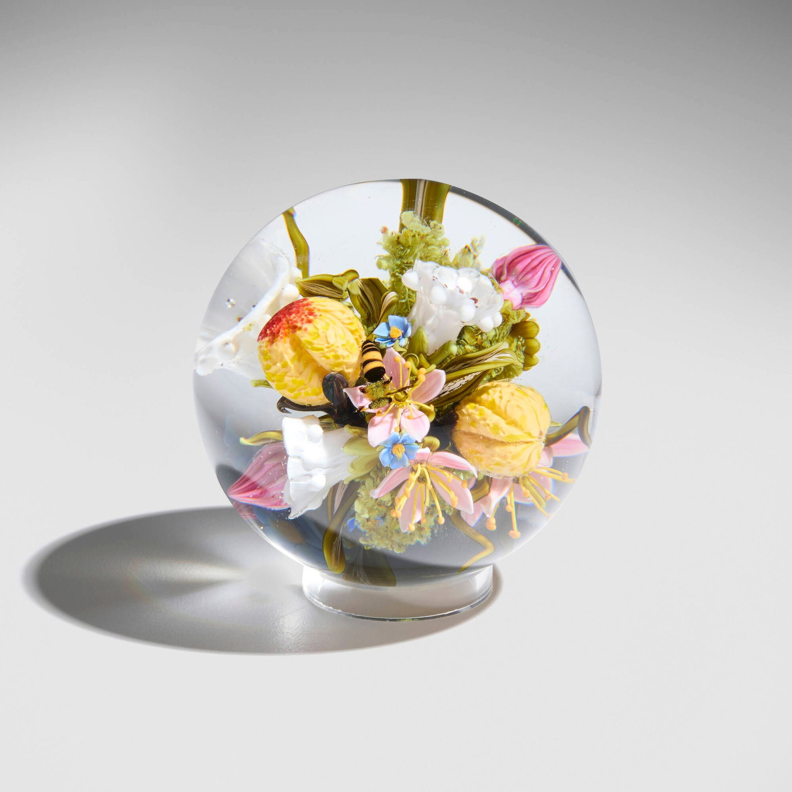 Paul Stankard, Walt Whitman Bouquet: Paul Stankard Walt Whitman Bouquet 2013 lampworked glass, polished clear glass 3.625 h x 3.625 dia in (9 x 9 cm) Orb features flowers and bee. Signed and dated in murrina 'P Stankard 2013'.