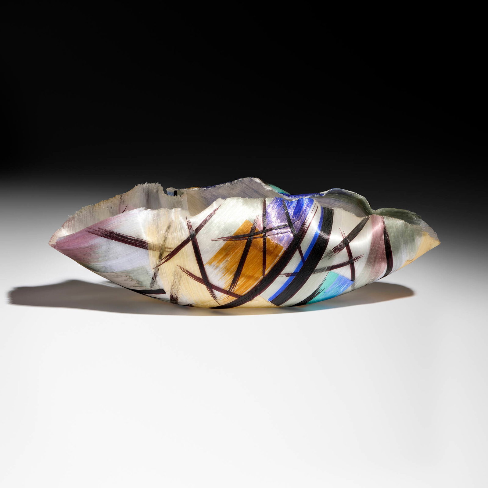 Toots Zynsky, Night Boulevard: Toots Zynsky Night Boulevard 1992 filet de verre fused and thermo-formed glass threads 5.375 h x 18 w x 6.125 d in (14 x 46 x 16 cm) Signed to underside 'Z'. Provenance: Snyderman Gallery,