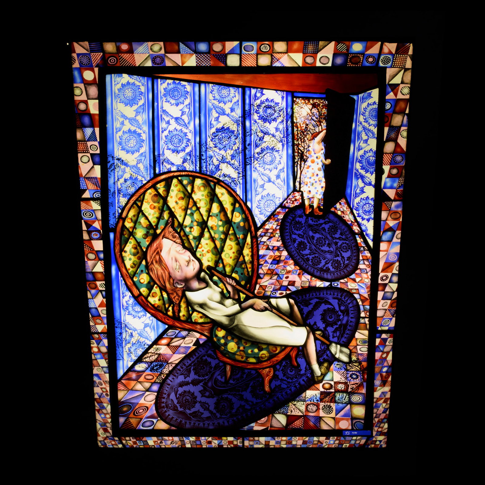 Judith Schaechter, Sitting, Not Working: Judith Schaechter Sitting, Not Working 1999 sandblasted, engraved and enameled stained glass, copper foil, veneered wood light box 34 h x 29.5 w x 6 d in (86 x 75 x 15 cm) Signed and dated to lower ri