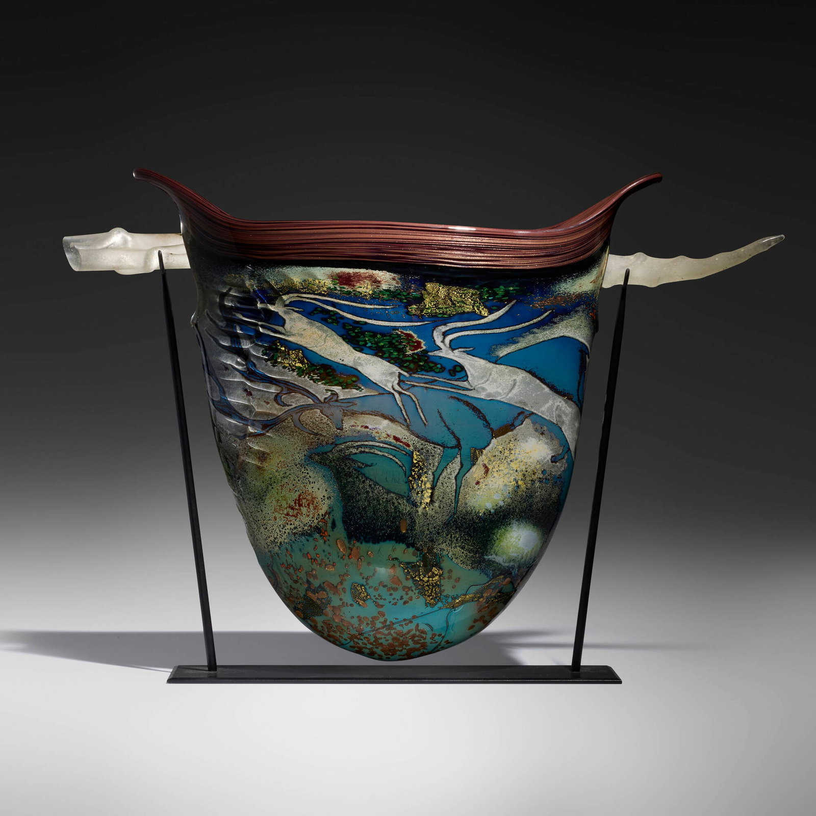 William Morris, Petroglyph Urn: William Morris Petroglyph Urn 1991 hand-blown glass, steel base 24.375 h x 34.375 w x 7.375 d in (62 x 87 x 19 cm) Etched signature and date to lower edge of largest element 'William Morris