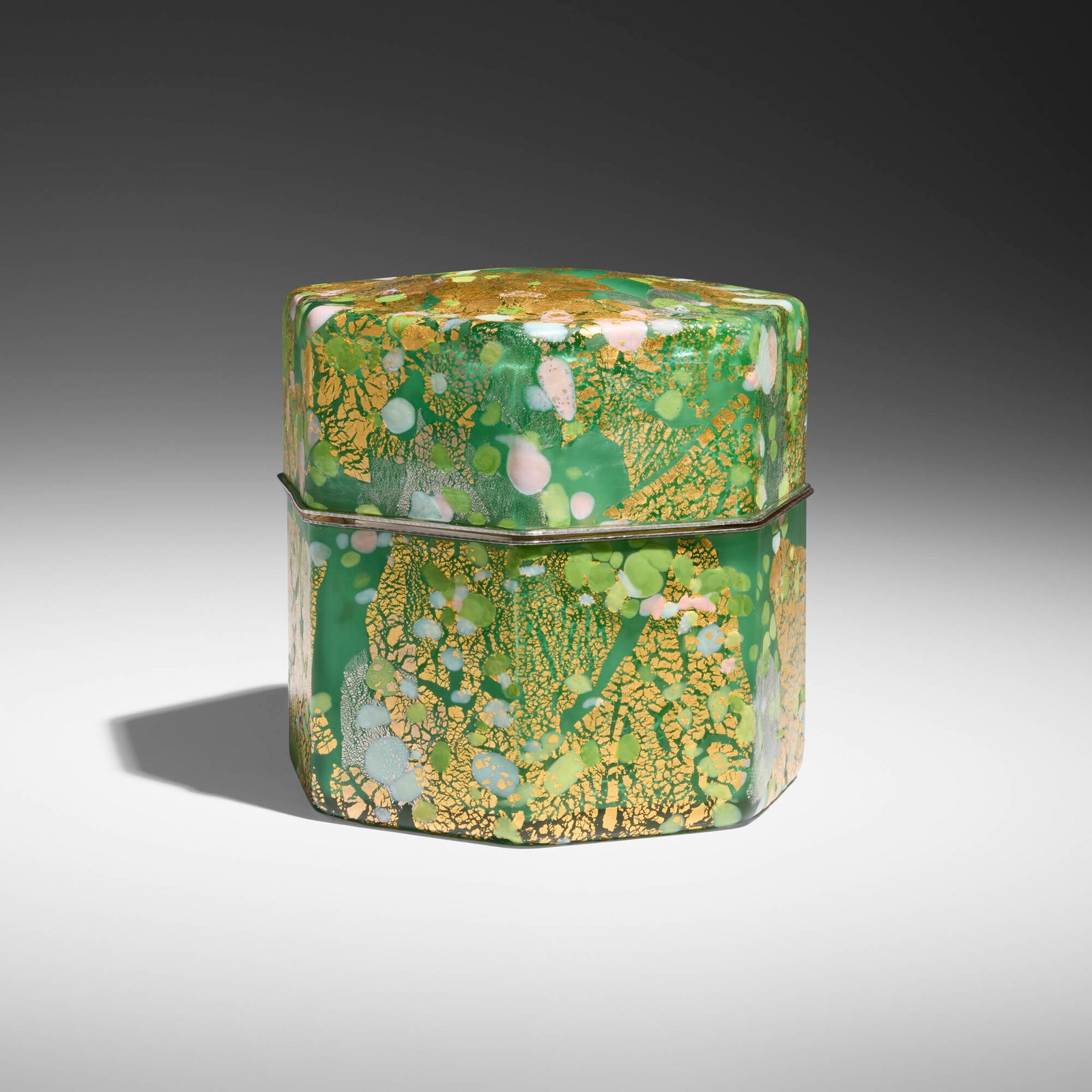 Kyohei Fujita, Large Kazaribako (ornamented box): Kyohei Fujita Large Kazaribako (ornamented box) mold-blown glass, gold and silver leaf, silver-plated metal 6.25 h x 6.5 dia in (16 x 17 cm) Incised signature to underside 'Kyohei Fujita'. This work