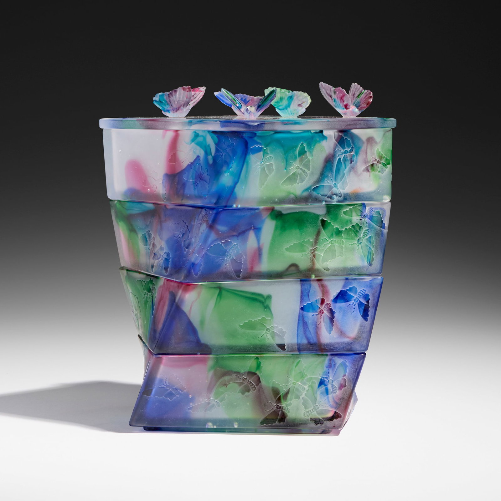 Shin-ichi Higuchi, Jubako: Spring: Shin-ichi Higuchi Jubako: Spring 1992 pate de verre 10.5 h x 9 w x 9 d in (27 x 23 x 23 cm) A jubako is a traditional Japanese multi-tiered, stackable box used to hold and present food. Etched