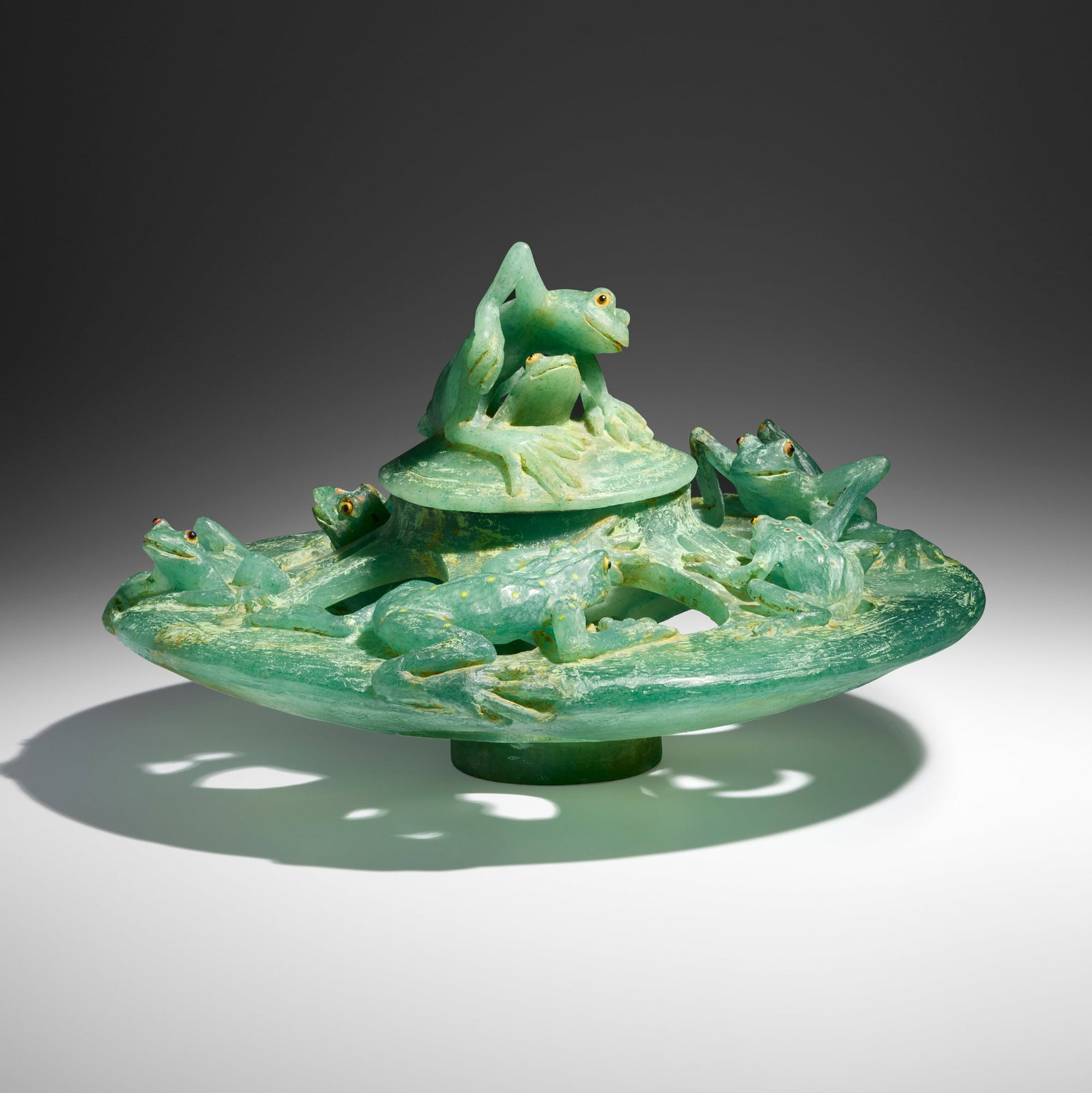 Charlie Miner, Covered vessel with frogs: Charlie Miner Covered vessel with frogs 2006 cast and painted glass 11.75 h x 20 dia in (30 x 51 cm) Etched signature and date to underside 'C.V. Miner 082706'. This work will ship from Lambertville,