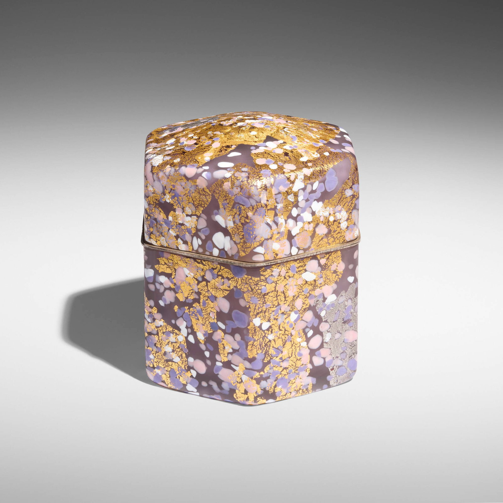 Kyohei Fujita, Large Kazaribako (ornamented box): Kyohei Fujita Large Kazaribako (ornamented box) mold-blown glass, gold leaf, silver leaf, silver-plated metal 6.125 h x 5.75 w x 5.125 d in (16 x 15 x 13 cm) Incised signature to underside 'Kyohei