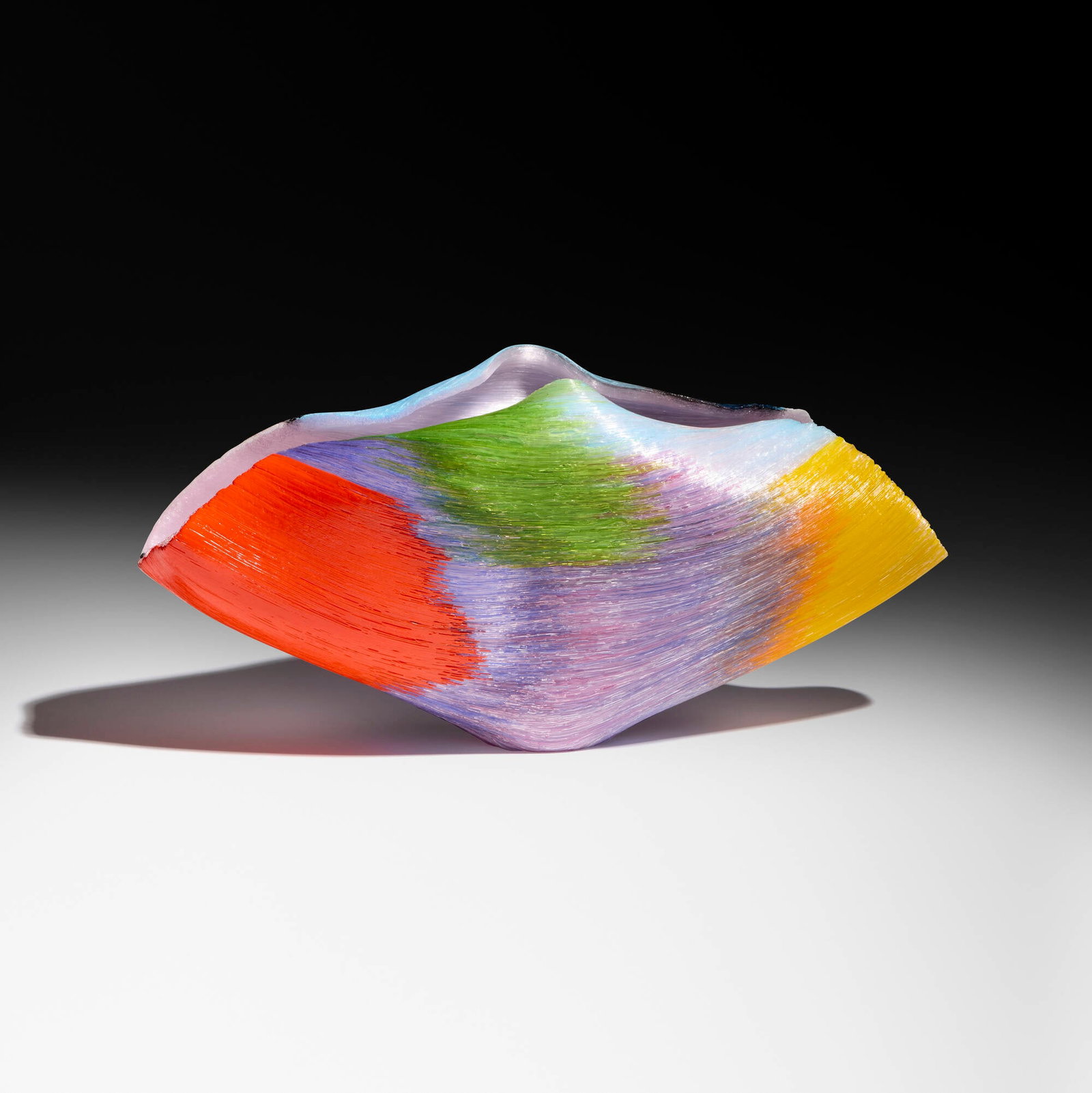 Toots Zynsky, Double Gouldian Finches from the Endangered Species series: Toots Zynsky Double Gouldian Finches from the Endangered Species series 2018 filet de verre fused and thermo-formed glass threads 6.875 h x 14.5 w x 6.625 d in (17 x 37 x 17 cm) Signed to underside