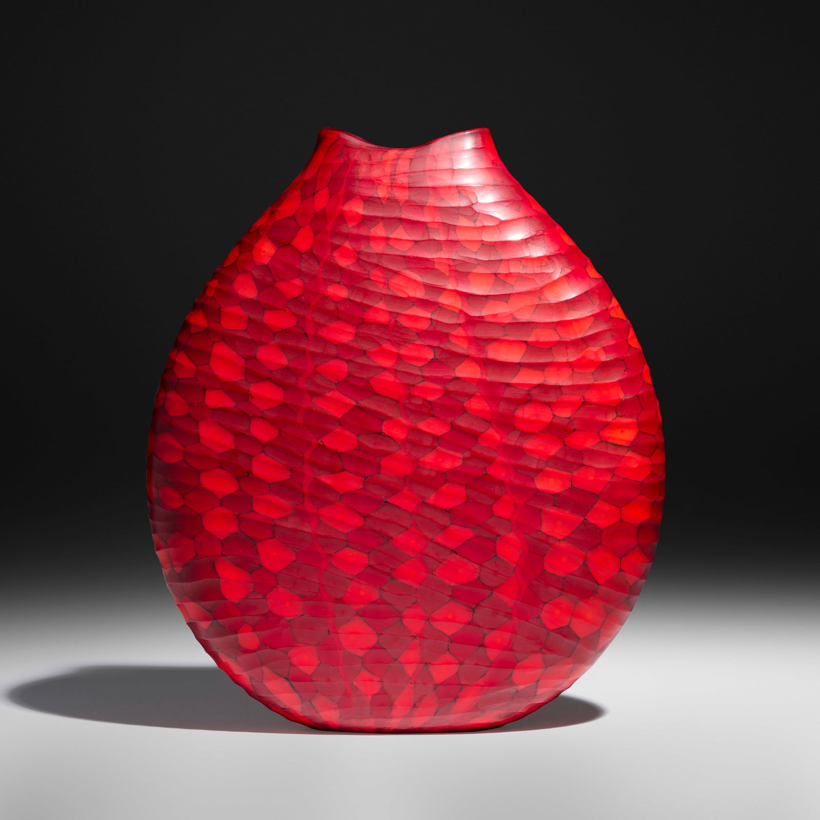 Massimo Micheluzzi, Mosaico vase: Massimo Micheluzzi Mosaico vase 2006 hand-blown and wheel-carved glass 17.125 h x 15 w x 4.375 d in (43 x 38 x 11 cm) Etched signature and date to underside 'Massimo Micheluzzi Murano 2006'.