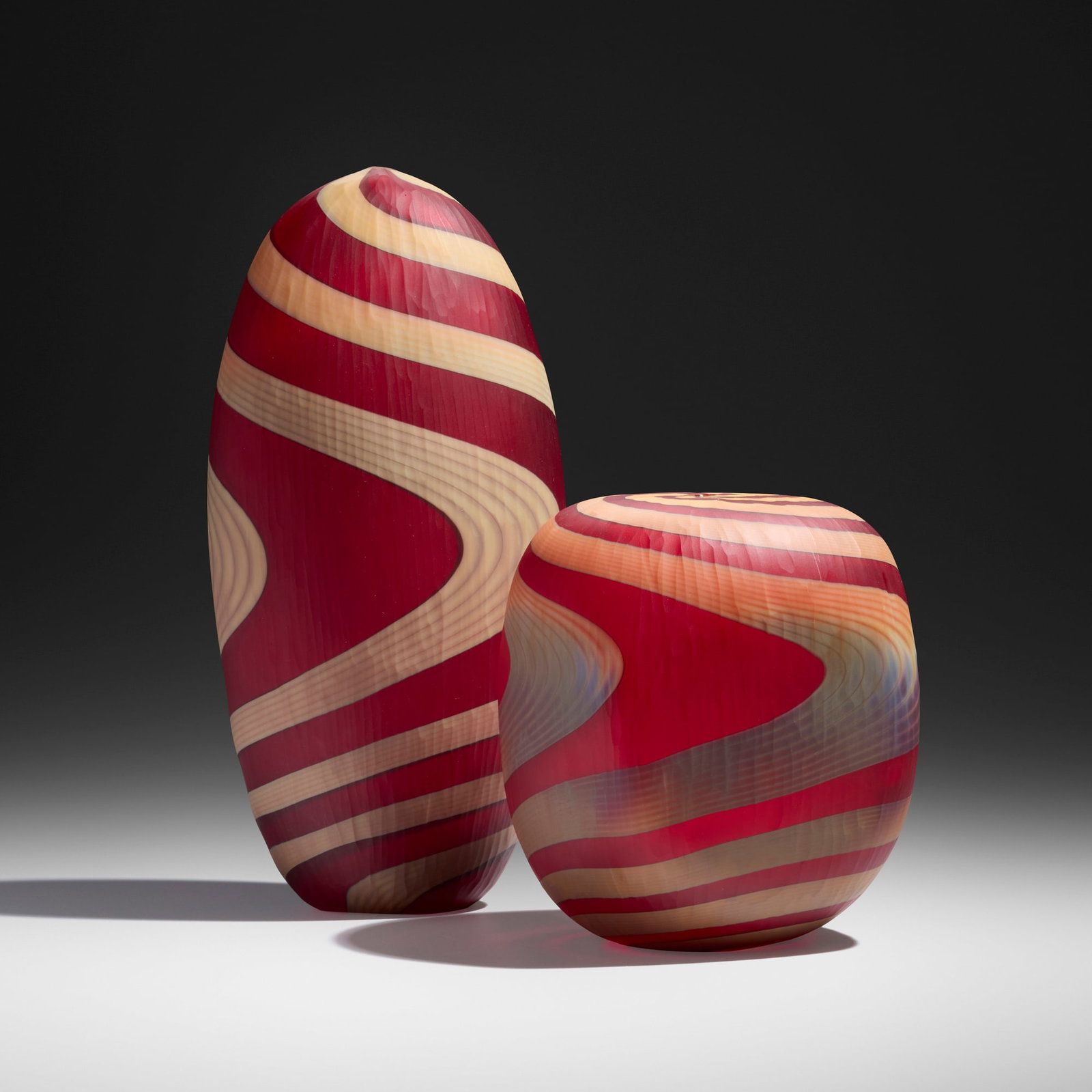 Mattia and Marco Salvadore, Spirale vessels, set of two: Mattia and Marco Salvadore Spirale vessels, set of two c. 2015 hand-blown glass with inciso surface 13.375 h x 6.375 w x 4.875 d in (34 x 16 x 12 cm) 7.625 h x 6.625 w x 6.5 d in (19 x 17 x 17 cm)