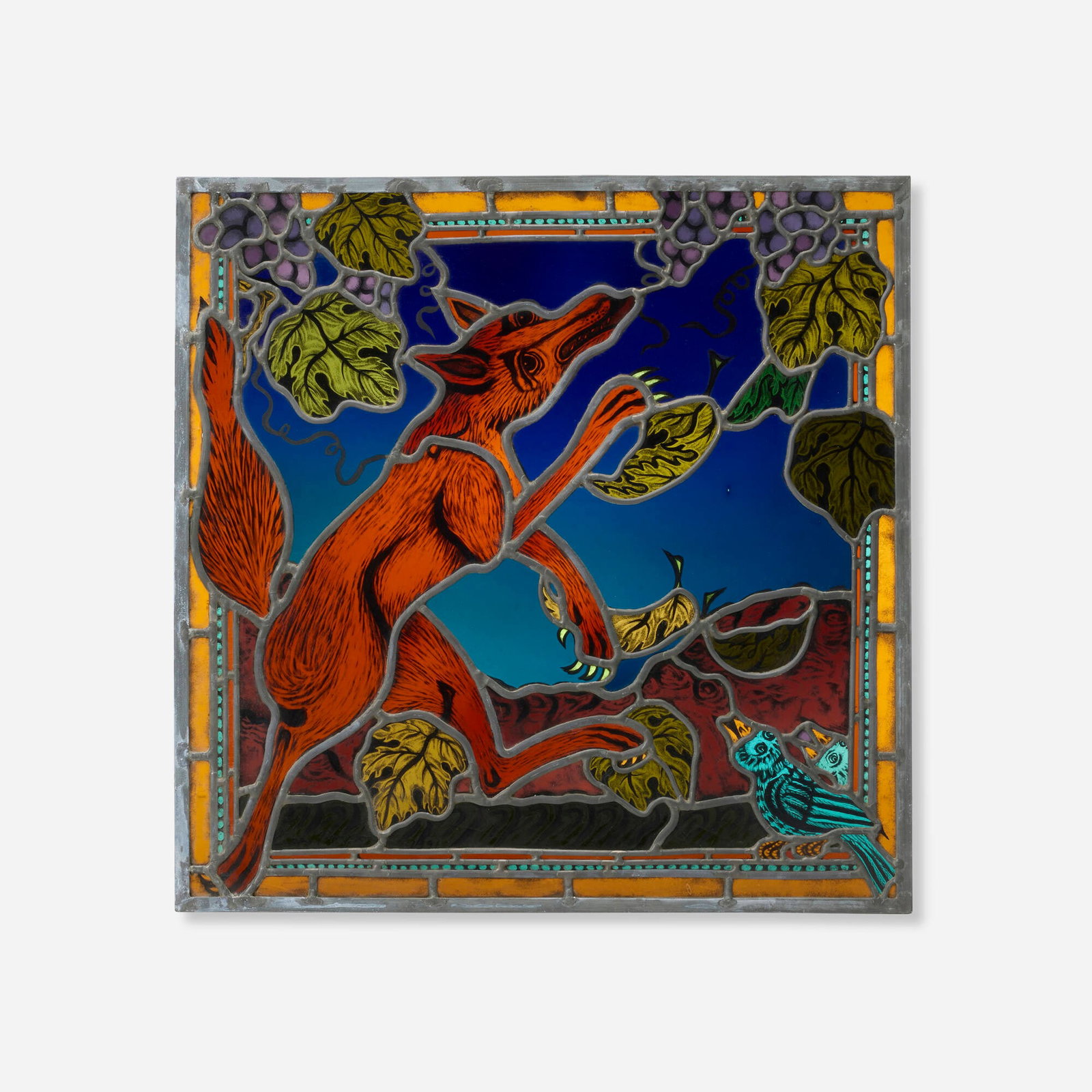 Cappy Thompson, The Fox and the Grapes: Cappy Thompson The Fox and the Grapes 1991 painted and leaded stained glass 24 h x 24 w x 0.25 d in (61 x 61 x 1 cm) One of four Aesop's Fables panels commissioned for a private residence.