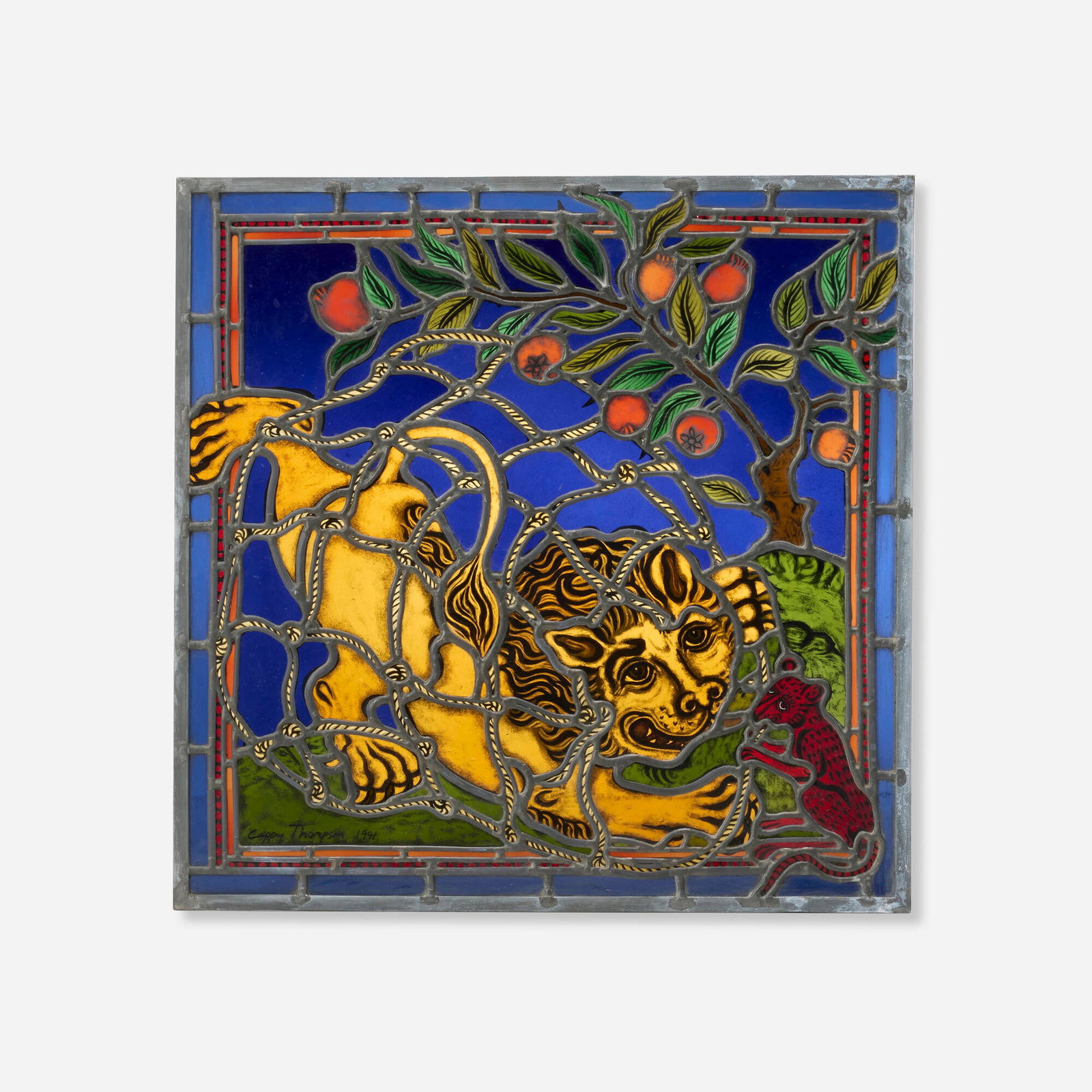 Cappy Thompson, The Lion and the Mouse: Cappy Thompson The Lion and the Mouse 1991 painted and leaded stained glass 24 h x 24 w x 0.25 d in (61 x 61 x 1 cm) One of four Aesop's Fables panels commissioned for a private residence. Sign