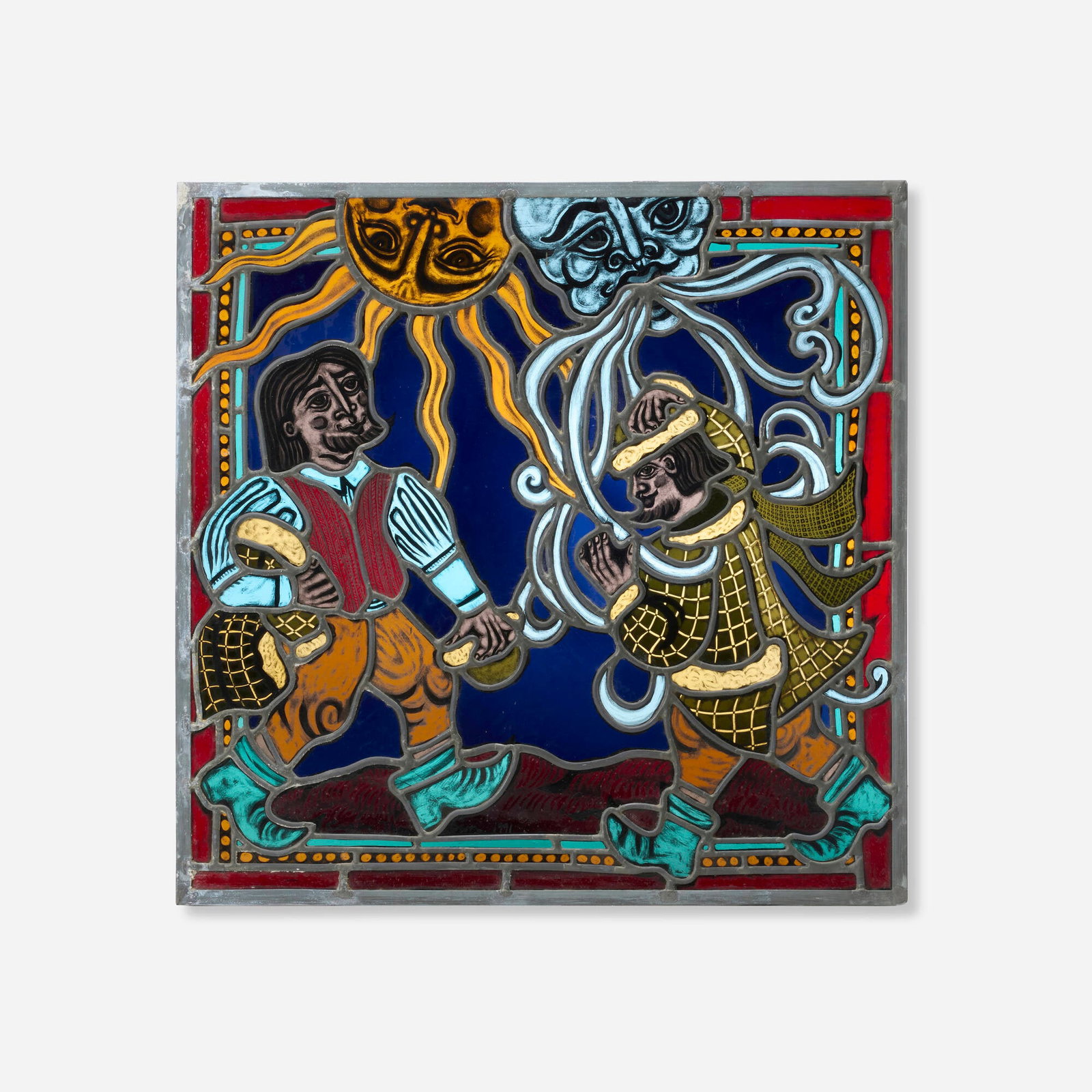 Cappy Thompson, The North Wind and the Sun: Cappy Thompson The North Wind and the Sun 1991 painted and leaded stained glass 24 h x 24 w x 0.25 d in (61 x 61 x 1 cm) One of four Aesop's Fables panels commissioned for a private residence.
