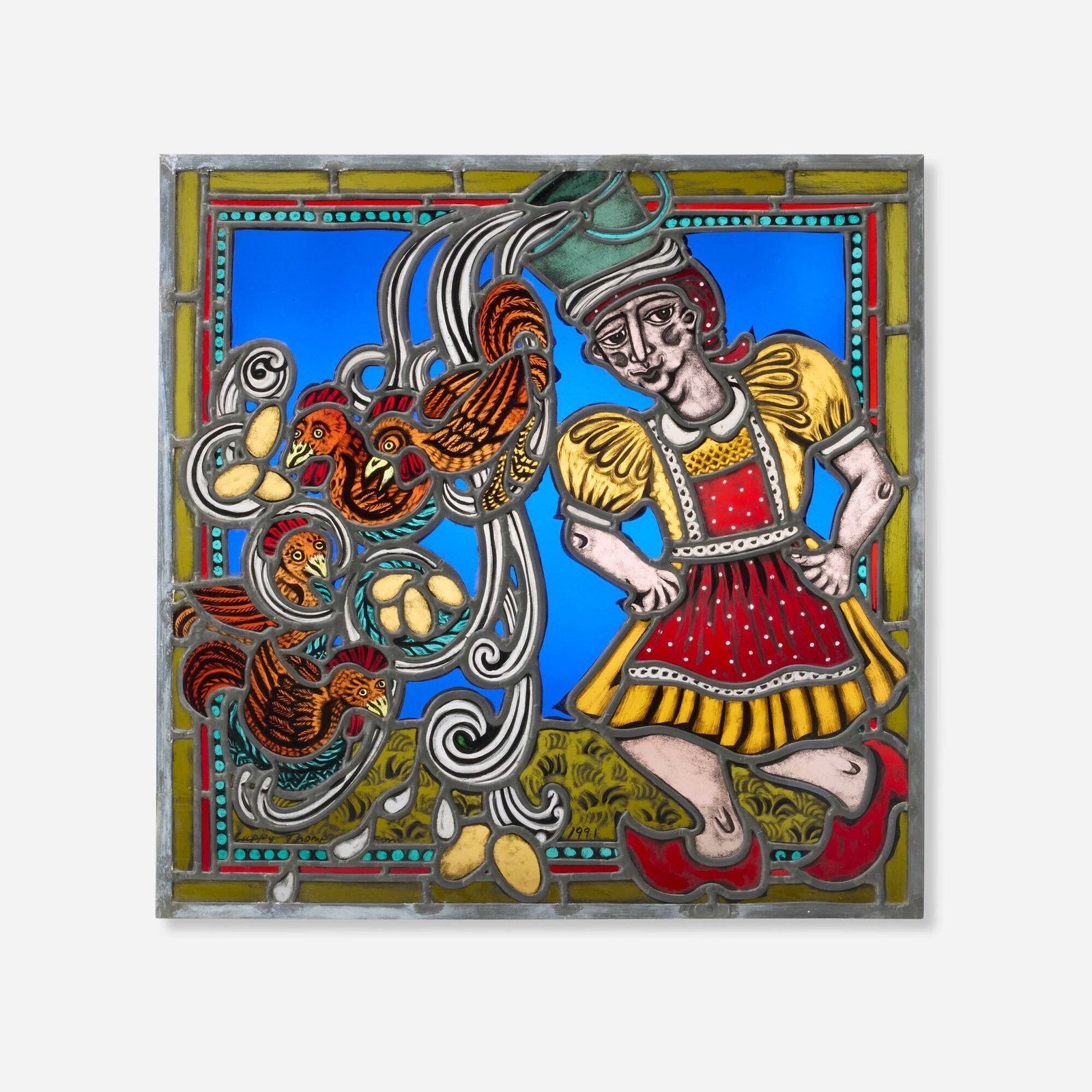 Cappy Thompson, The Milkmaid and the Pail: Cappy Thompson The Milkmaid and the Pail 1991 painted and leaded stained glass 24 h x 24 w x 0.25 d in (61 x 61 x 1 cm) One of four Aesop's Fables panels commissioned for a private residence.