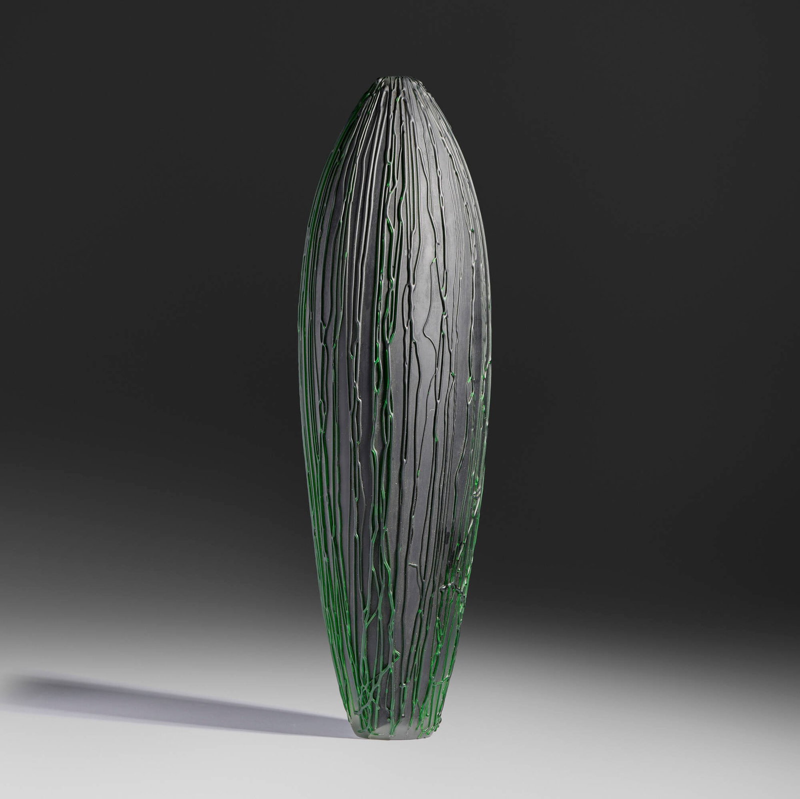 Clare Belfrage, Green on Black from the Line Drawing series: Clare Belfrage Green on Black from the Line Drawing series 1999 hand-blown glass, applied glass 14.5 h x 4.25 dia in (37 x 11 cm) Etched signature and date to underside 'Clare Belfrage
