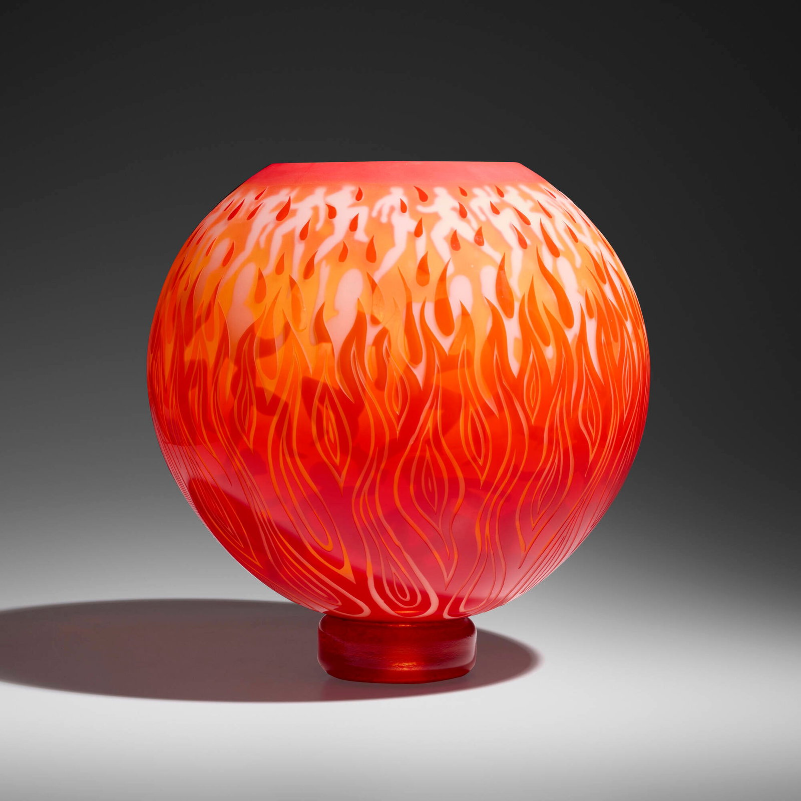 Duncan McClellan, All Hell Broke Loose from the Men-A-Morphis series: Duncan McClellan All Hell Broke Loose from the Men-A-Morphis series hand-blown carved glass with graal and overlay 16.125 h x 16 dia in (41 x 41 cm) Etched signature to base 'Duncan