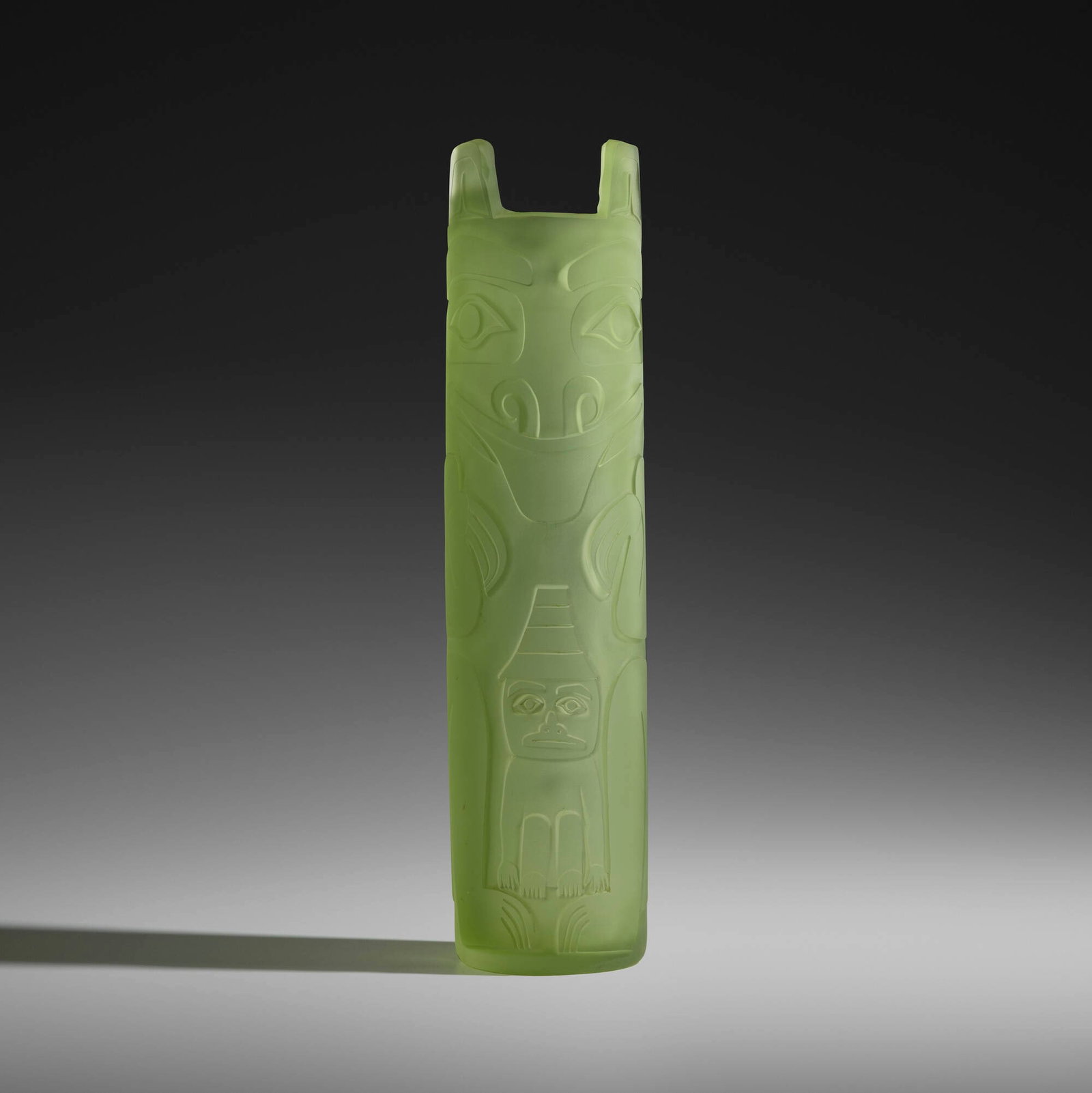 Preston Singletary, Bear Totem: Preston Singletary Bear Totem 1998 hand-blown and sand-carved glass 20.25 h x 4.875 dia in (51 x 12 cm) Incised signature and date to underside 'Preston Singletary 98'. Provenance: Blue