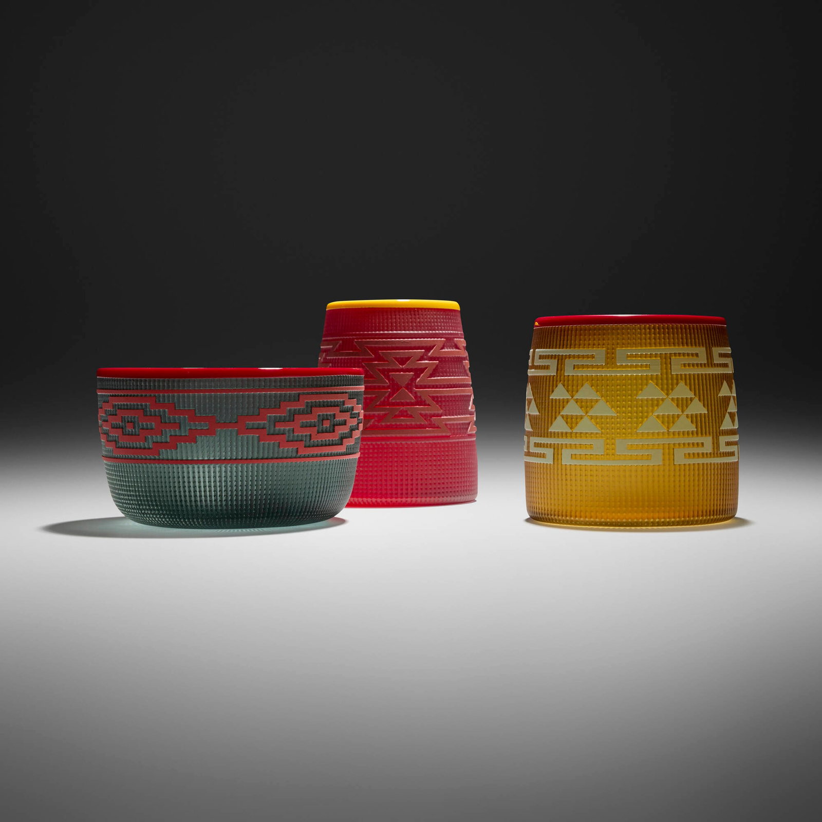 Preston Singletary, Tlingit Baskets (three works): Preston Singletary Tlingit Baskets (three works) 2018 blown and sand-carved glass 5.75 h x 4.75 dia in (15 x 12 cm) 5.125 h x 5.25 dia in (13 x 13 cm) 3.875 h x 6.75 dia in (10 x 17 cm) Etched