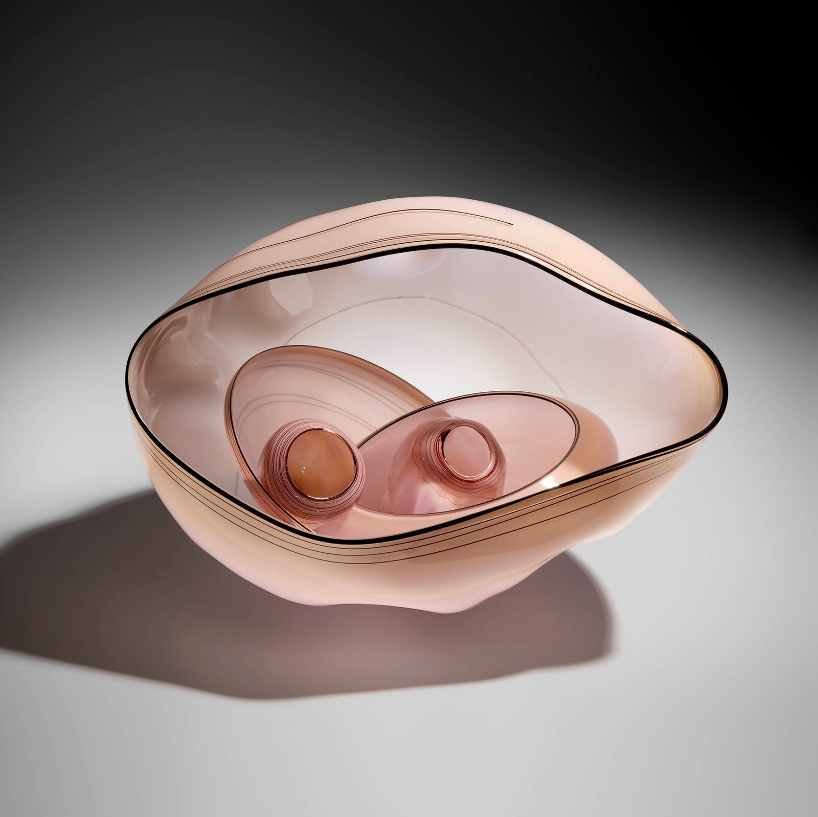 Dale Chihuly, Pink Basket group: Dale Chihuly Pink Basket group 1989 hand-blown glass 14.5 h x 21 w x 15 d in (37 x 53 x 38 cm) Group is composed of five elements, originally six. Etched signature and date to smallest element
