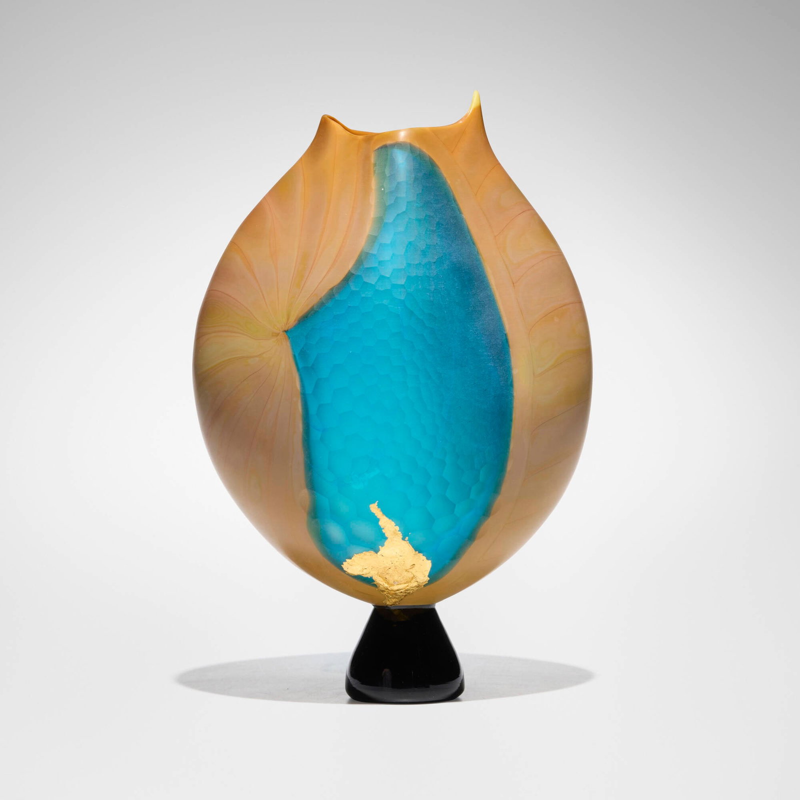 Tsuchida Yasuhiko, Vessel from the Bamboo series: Tsuchida Yasuhiko Vessel from the Bamboo series 2001 hand-blown glass with partial battuto surface, gold leaf 11.75 h x 7.75 w x 5.75 d in (30 x 20 x 15 cm) Etched signature and date to underside 
