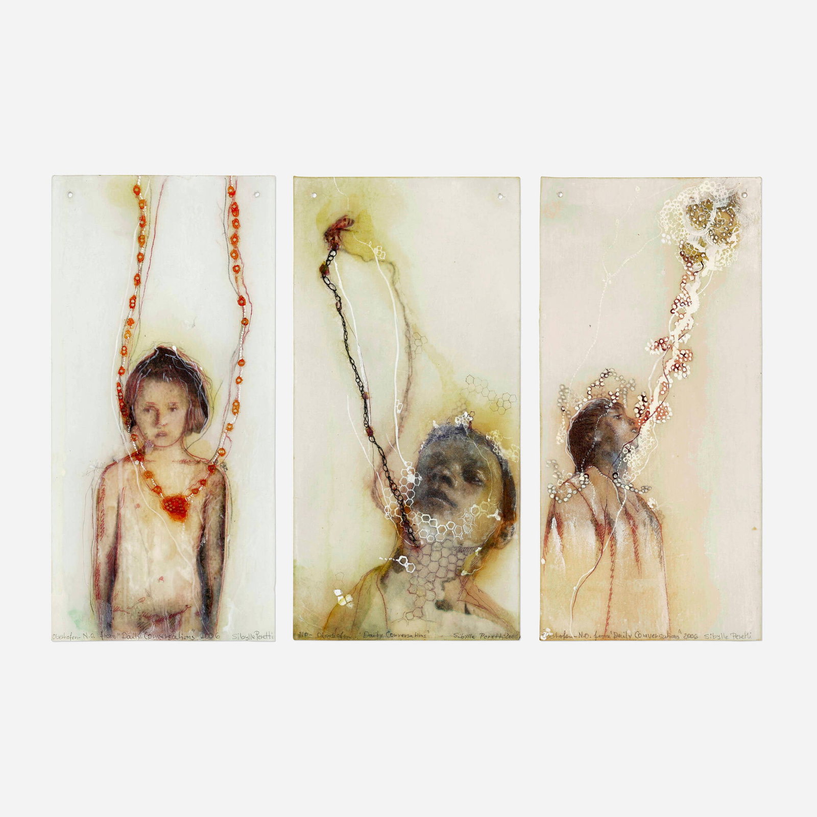 Sibylle Peretti, Oberhofen from Daily Conversations (three works): Sibylle Peretti Oberhofen from Daily Conversations (three works) 2006 mixed media on glass 9.625 h x 4.625 w x 0.588 d in (24 x 12 x 1 cm) Signed, titled, and dated to each example 'Oberhofen