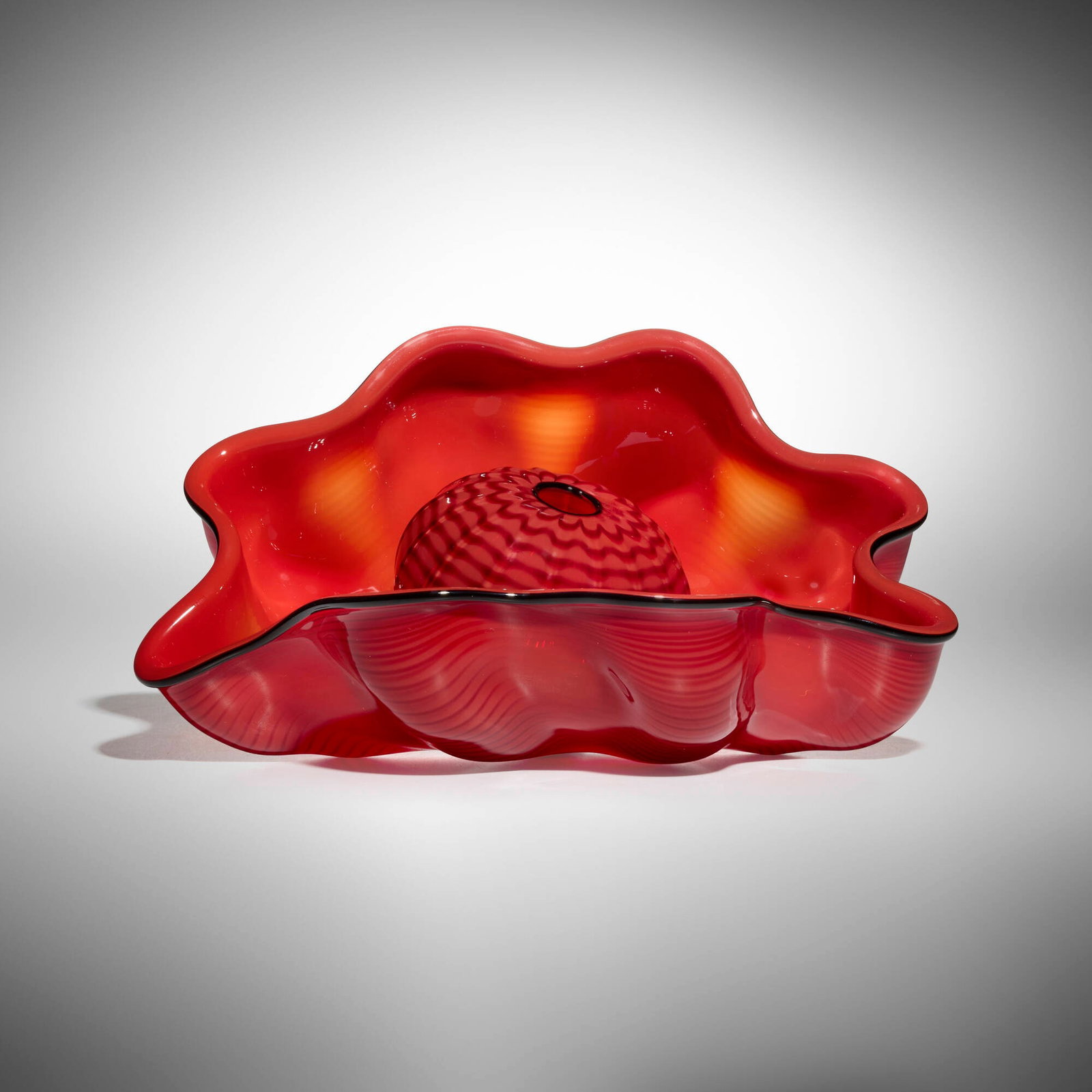 Dale Chihuly, Red Seaform Pair: Dale Chihuly Red Seaform Pair Portland Press 1995 hand-blown glass 5.5 h x 11 w x 7 d in (14 x 28 x 18 cm) Work is composed of two elements. Etched signature and date to underside of smaller element &