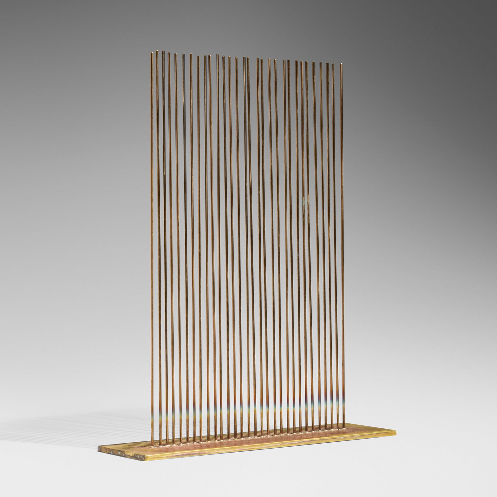 Val Bertoia, Untitled (B-3717): Val Bertoia Untitled (B-3717) beryllium copper, brass 18 h x 14.25 w x 4 d in (46 x 36 x 10 cm) Sculpture features thirty rods in one row. Impressed signature and number to edge of base 'B