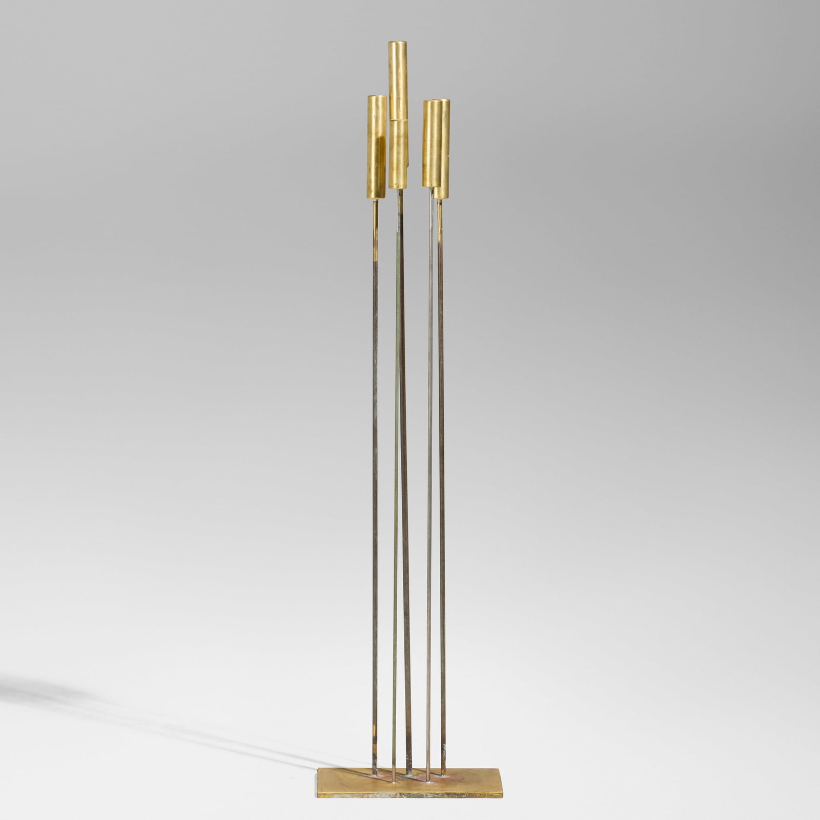 Val Bertoia, Group of 5 Sounds Alive (B-3101): Val Bertoia Group of 5 Sounds Alive (B-3101) 2026 brass 44 h x 10.875 w x 5.875 d in (112 x 28 x 15 cm) Sculpture features five rods. Impressed signature and number to edge of base 'B