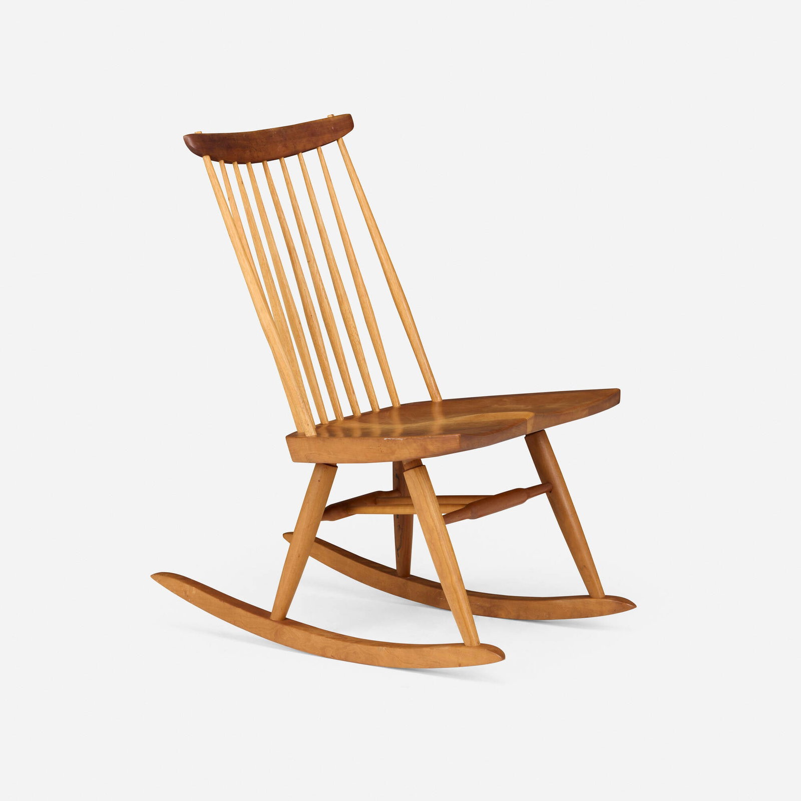 George Nakashima, New Chair Rocker: George Nakashima New Chair Rocker Nakashima Studio USA, 1978 cherry, hickory 33.25 h x 18.5 w x 29 d in (84 x 47 x 74 cm) Inscribed with client's name to underside 'Pressman Rocker'.
