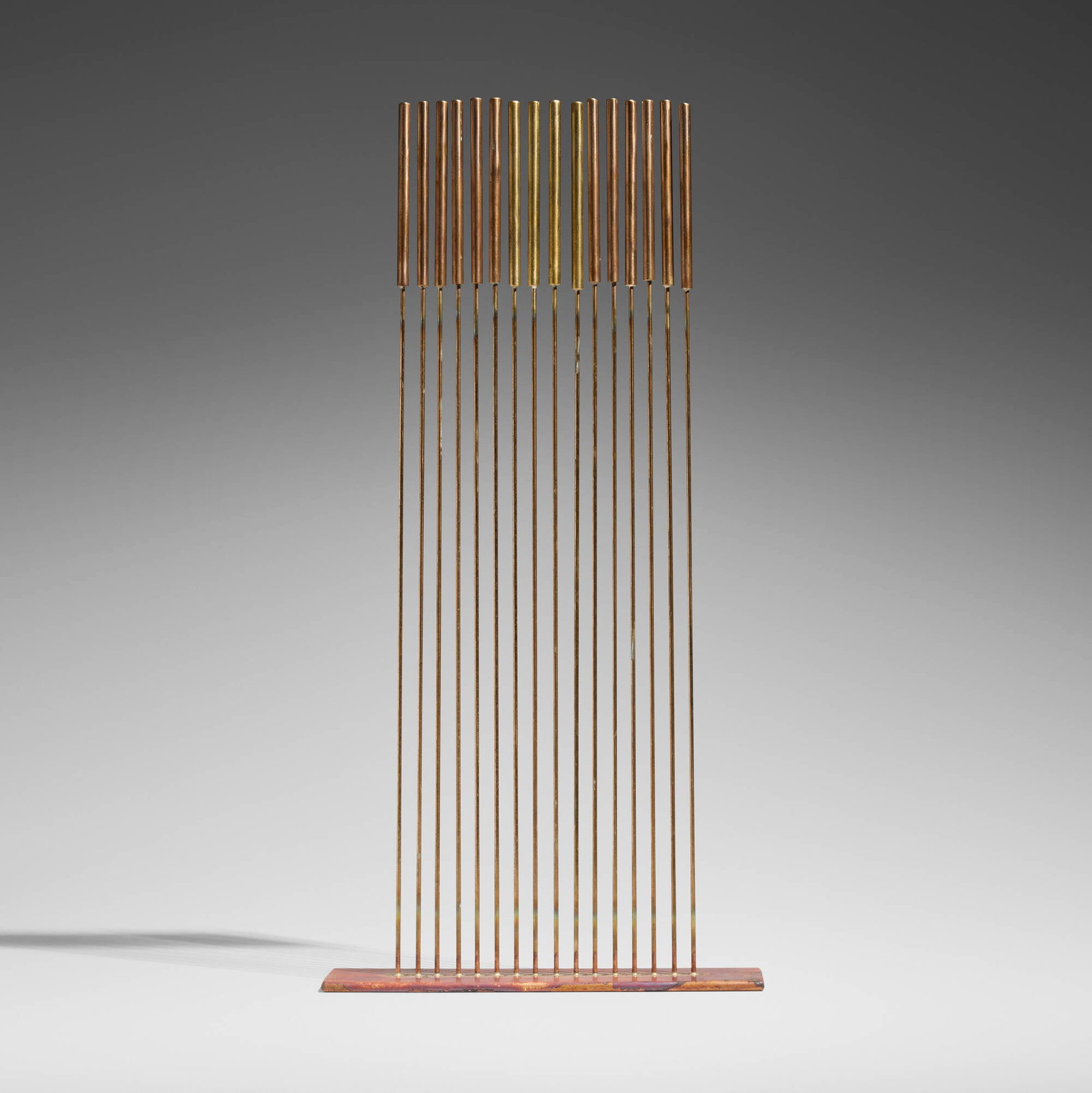 Val Bertoia, Sounds-Sign of Fine Line (B-3112): Val Bertoia Sounds-Sign of Fine Line (B-3112) 2026 beryllium copper, silicon bronze 22.25 h x 11.125 w x 3 d in (57 x 28 x 8 cm) Sculpture features sixteen rods in one row. Impressed signature and num