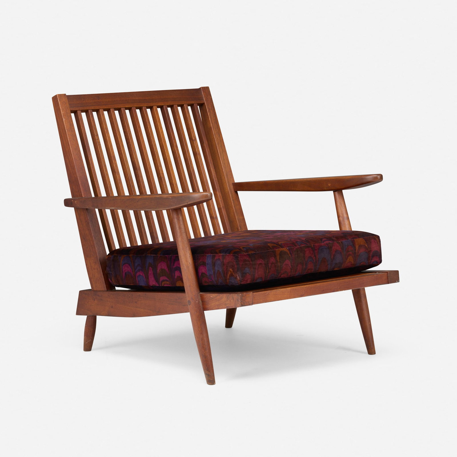 George Nakashima, Cushion Chair with Arms: George Nakashima Cushion Chair with Arms Nakashima Studio USA, c. 1957 American black walnut 30.5 h x 29.5 w x 34.5 d in (77 x 75 x 88 cm) Sotheby's Andy Warhol Collection lot label to