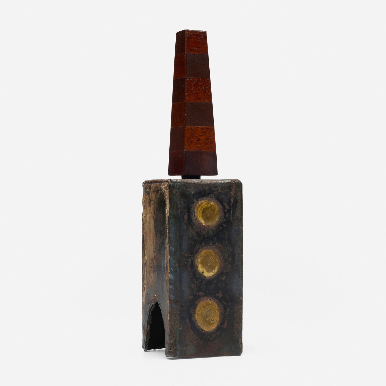 Paul Evans and Phillip Lloyd Powell, Rare dinner bell: Paul Evans and Phillip Lloyd Powell Rare dinner bell USA, c. 1965 welded, patinated and gilt steel, walnut 11 h x 2.625 w x 2.625 d in (28 x 7 x 7 cm) This work is one of approximately 50 bells ever