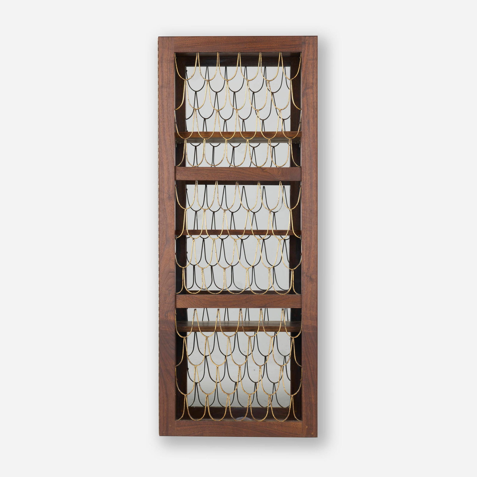 Paul Evans and Phillip Lloyd Powell, Rare and Early Loop cabinet: Paul Evans and Phillip Lloyd Powell Rare and Early Loop cabinet USA, c. 1960 walnut, enameled and welded iron, mirrored glass 60 h x 23.75 w x 11.25 d in (152 x 60 x 29 cm) Cabinet features one door