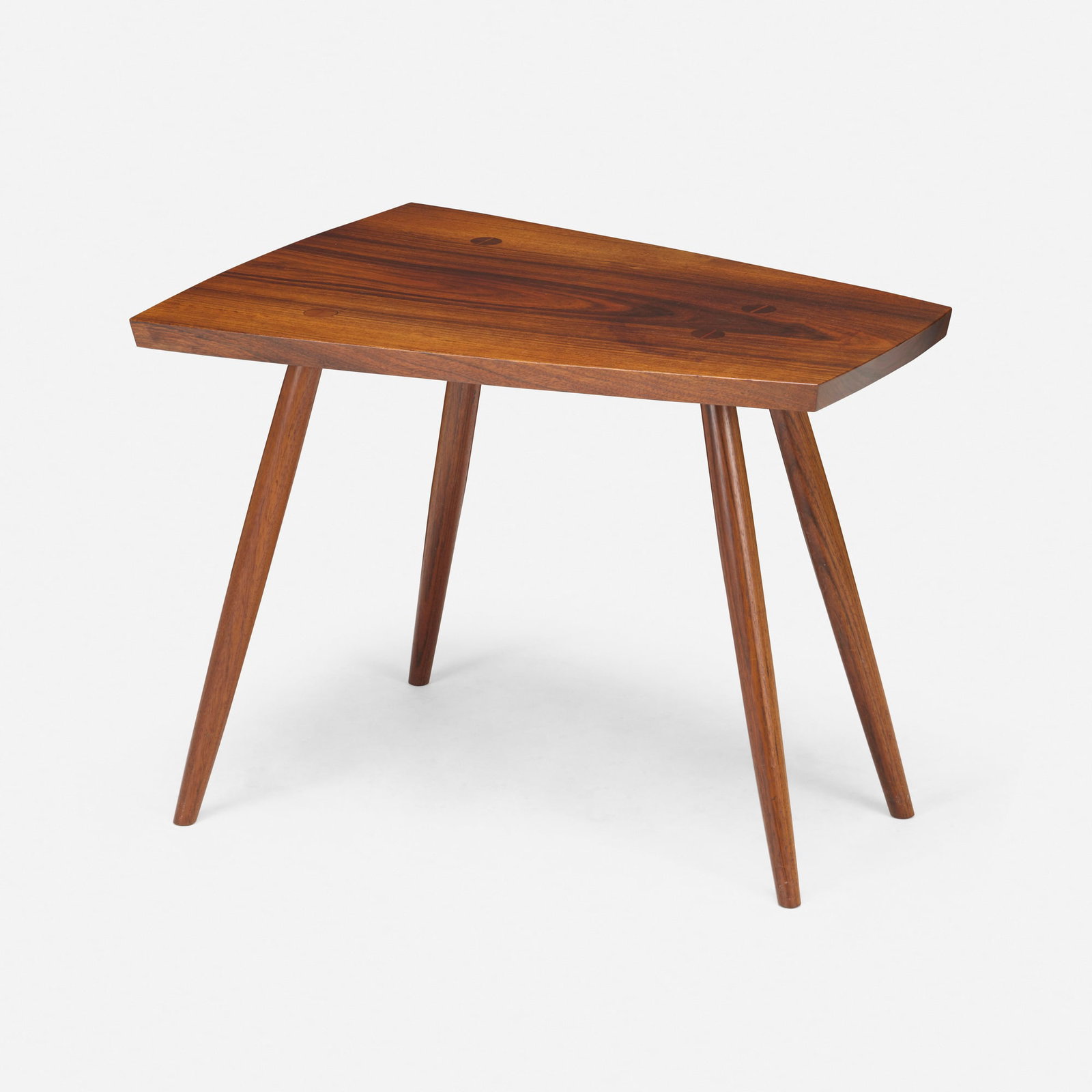George Nakashima, Rare and Early special-order occasional table: George Nakashima Rare and Early special-order occasional table Nakashima Studio USA, 1957 rosewood, American black walnut 21.25 h x 28.25 w x 21 d in (54 x 72 x 53 cm) Table features a single slab