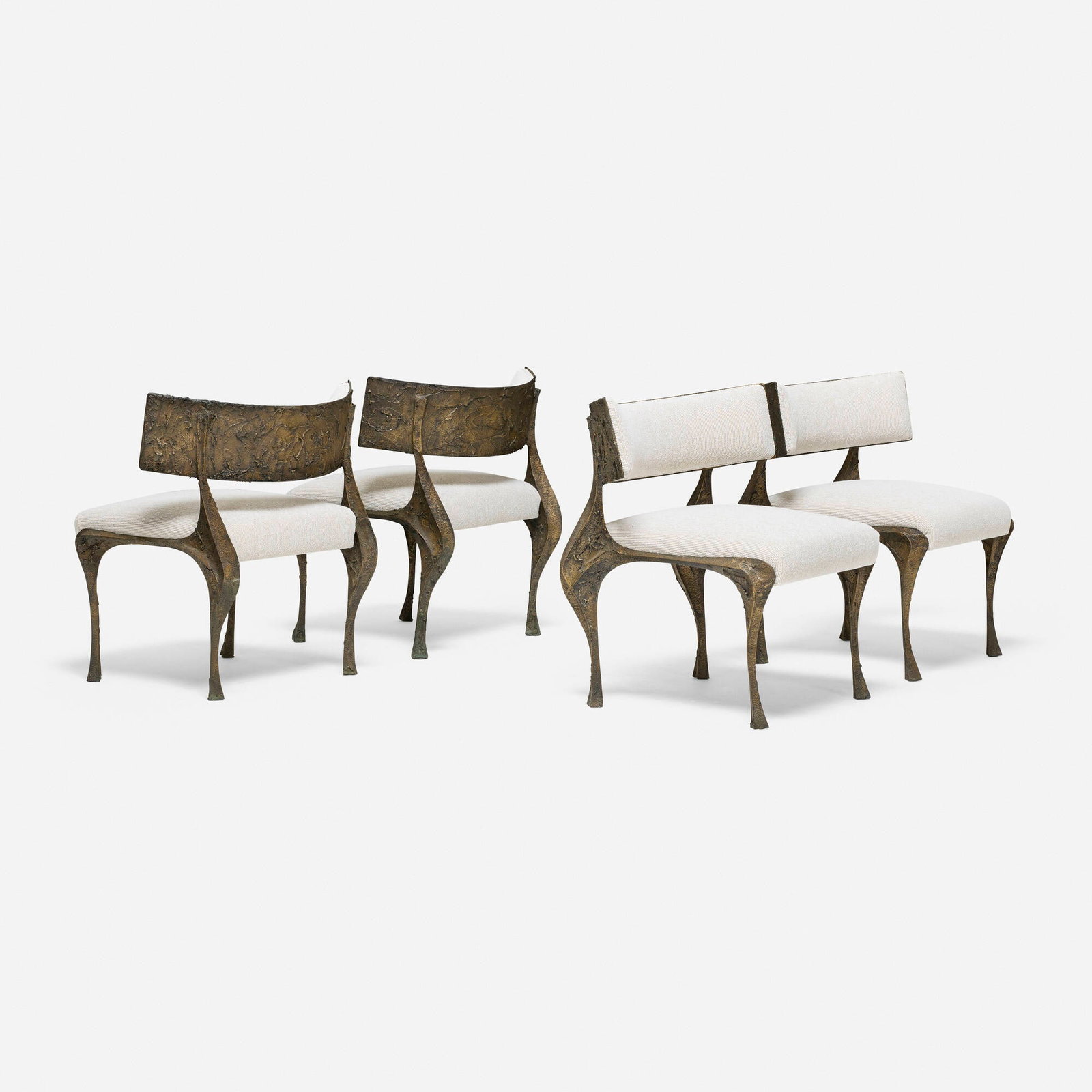 Paul Evans, Rare Sculpted Bronze chairs model PE 117, set of four: Paul Evans Rare Sculpted Bronze chairs model PE 117, set of four Paul Evans Studio for Directional USA, c. 1965 bronzed resin over wood, upholstery 31.5 h x 29.5 w x 25.5 d in (80 x 75 x 65 cm)