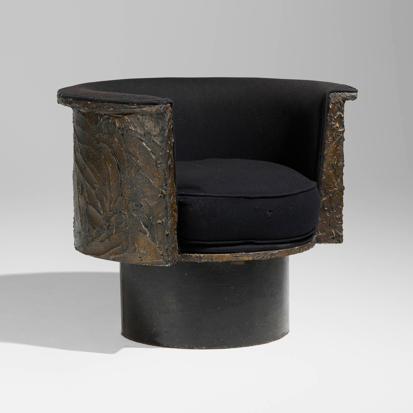 Paul Evans, Sculpted Bronze swivel chair: Paul Evans Sculpted Bronze swivel chair Paul Evans Studio for Directional USA, c. 1970 bronzed resin over steel, upholstery, enameled steel 28 h x 33.5 w x 29 d in (71 x 85 x 74 cm) This work