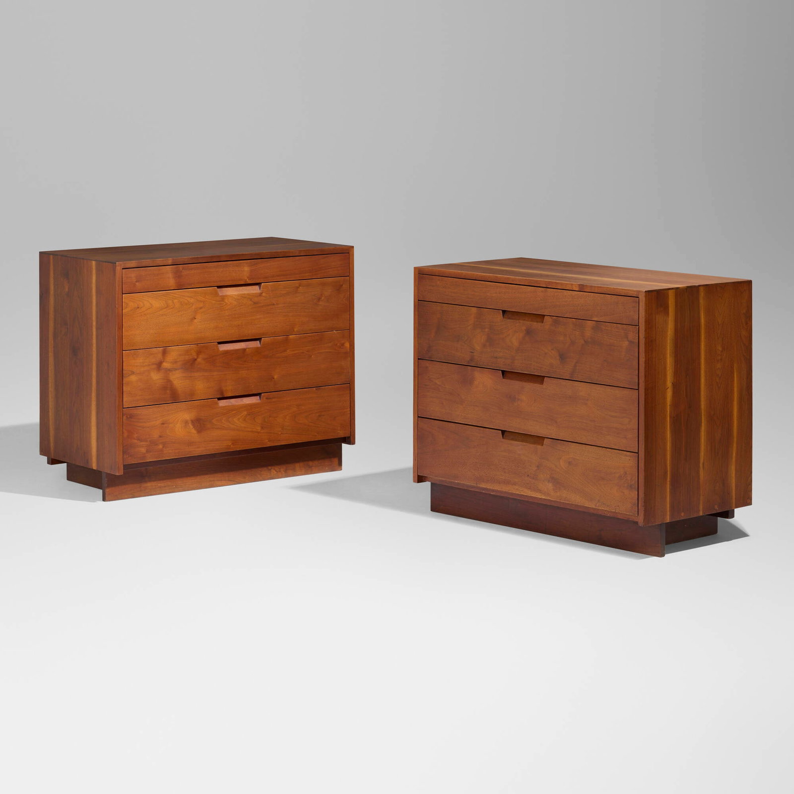 George Nakashima, Chest of Drawers, set of two: George Nakashima Chest of Drawers, set of two Nakashima Studio USA, 1953, 1956 American black walnut 29.75 h x 36 w x 18.75 d in (76 x 91 x 48 cm) Chests each feature four drawers concealing divided s