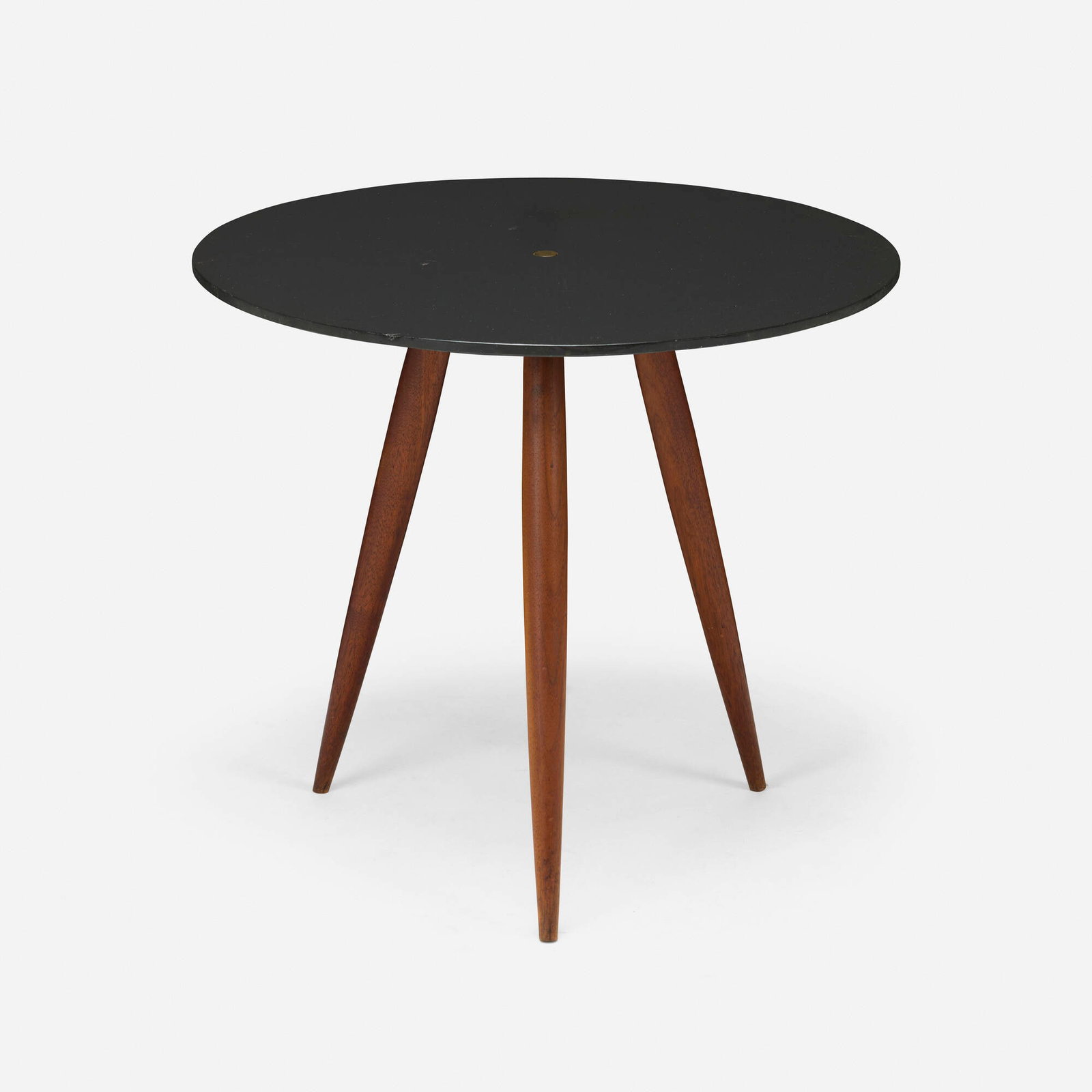 Phillip Lloyd Powell, Occasional table: Phillip Lloyd Powell Occasional table USA, c. 1975 slate, walnut, brass 21.5 h x 24 dia in (55 x 61 cm) This work will ship from Lambertville, New Jersey.
