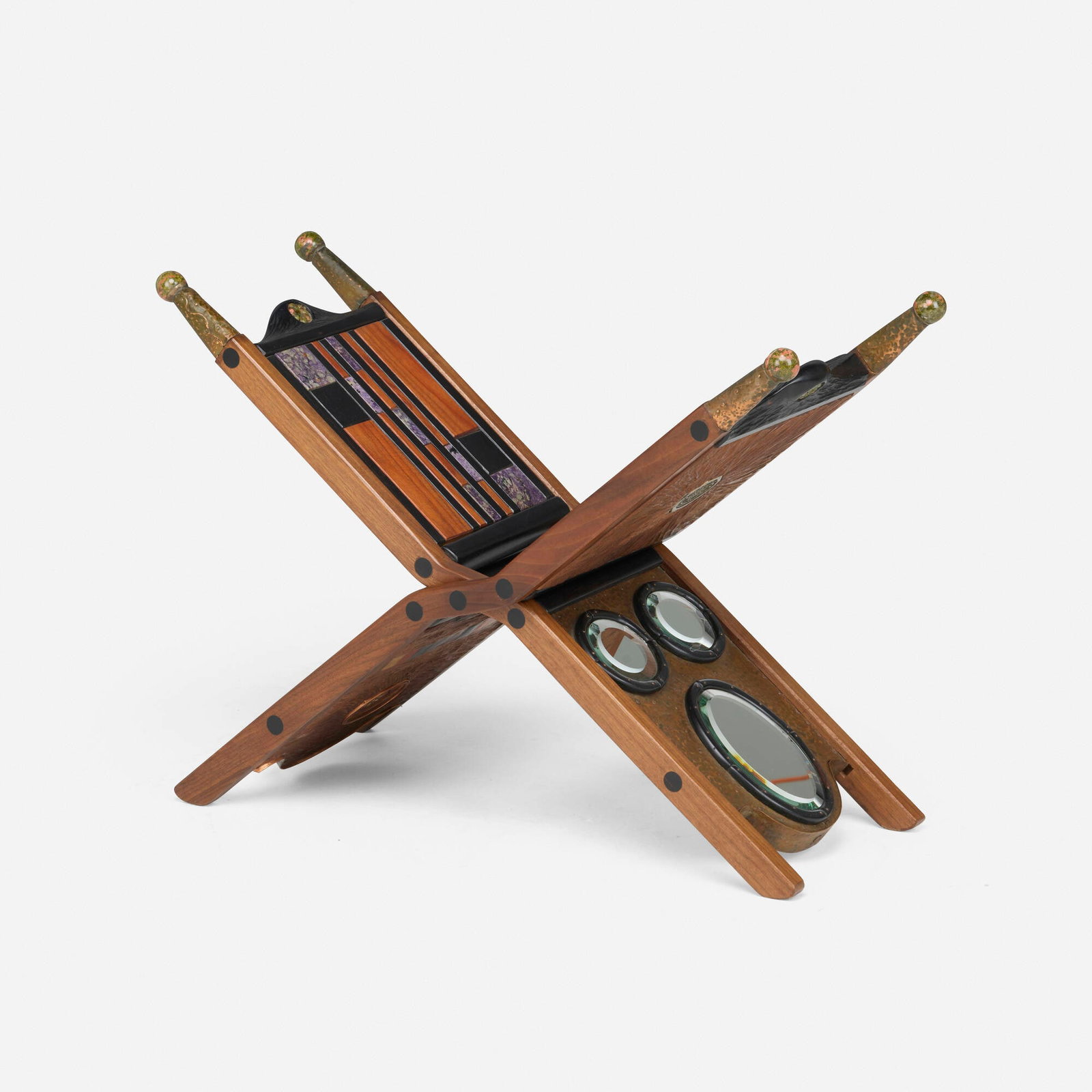 Phillip Lloyd Powell, Folding lectern: Phillip Lloyd Powell Folding lectern USA, 2002 walnut, ebony, onyx, patinated copper, mirrored glass, bone inlay 20.75 h x 28 w x 12 d in (53 x 71 x 30 cm) Signed, dated, and inscribed to central