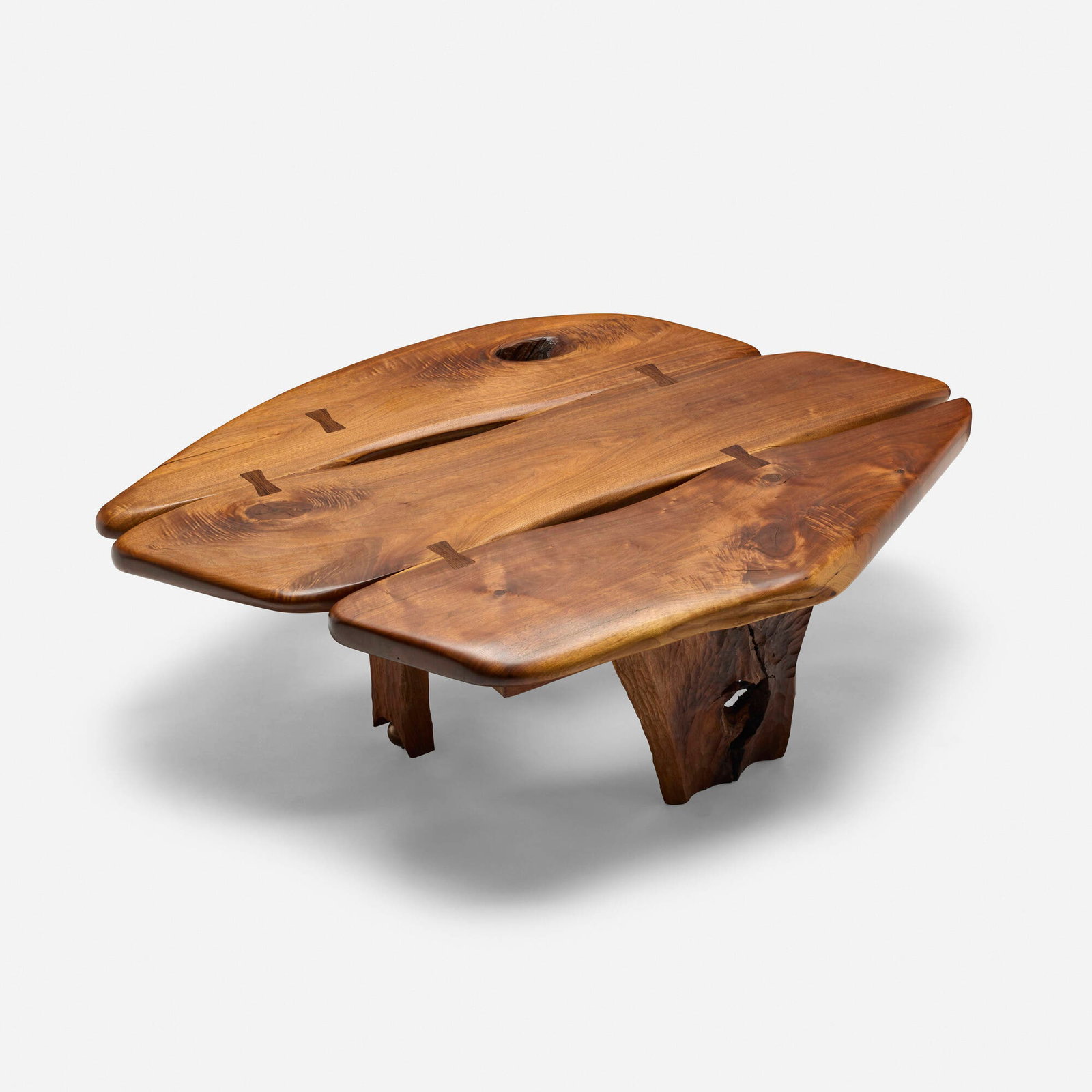 Phillip Lloyd Powell, Coffee table: Phillip Lloyd Powell Coffee table USA, 1979 walnut, wenge, rosewood, brass 13.25 h x 49.75 w x 37 d in (34 x 126 x 94 cm) Table features a sculptural multi-slab top joined with five butterflies.