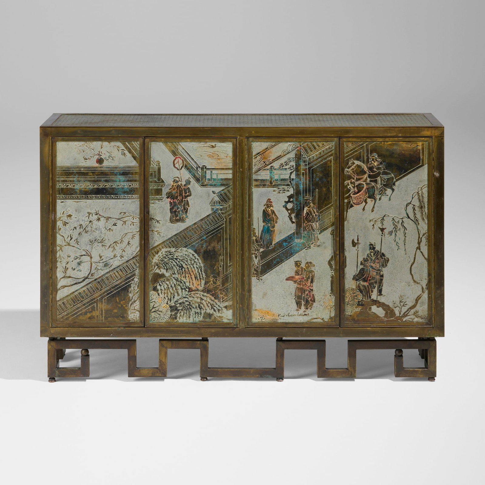 Philip and Kelvin LaVerne, Rare Chan Li cabinet: Philip and Kelvin LaVerne Rare Chan Li cabinet USA, c. 1965 acid-etched, patinated, and enameled brass over pewter and wood, lacquered wood 31.5 h x 49 w x 15.5 d in (80 x 124 x 39 cm) Cabinet