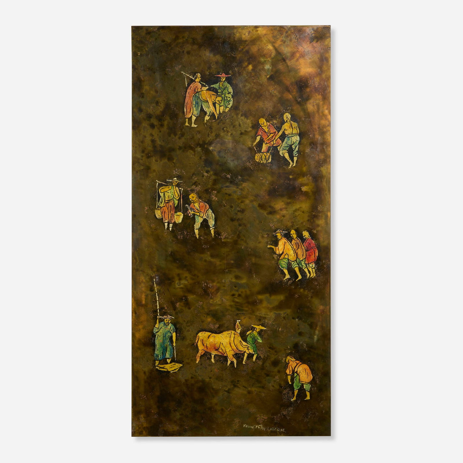 Philip and Kelvin LaVerne, Rare Chinese Peasants wall panel: Philip and Kelvin LaVerne Rare Chinese Peasants wall panel c. 1965 acid-etched, enameled and patinated brass over pewter and wood 47.25 h x 23 w x 1 d in (120 x 58 x 3 cm) Incised signature to lower