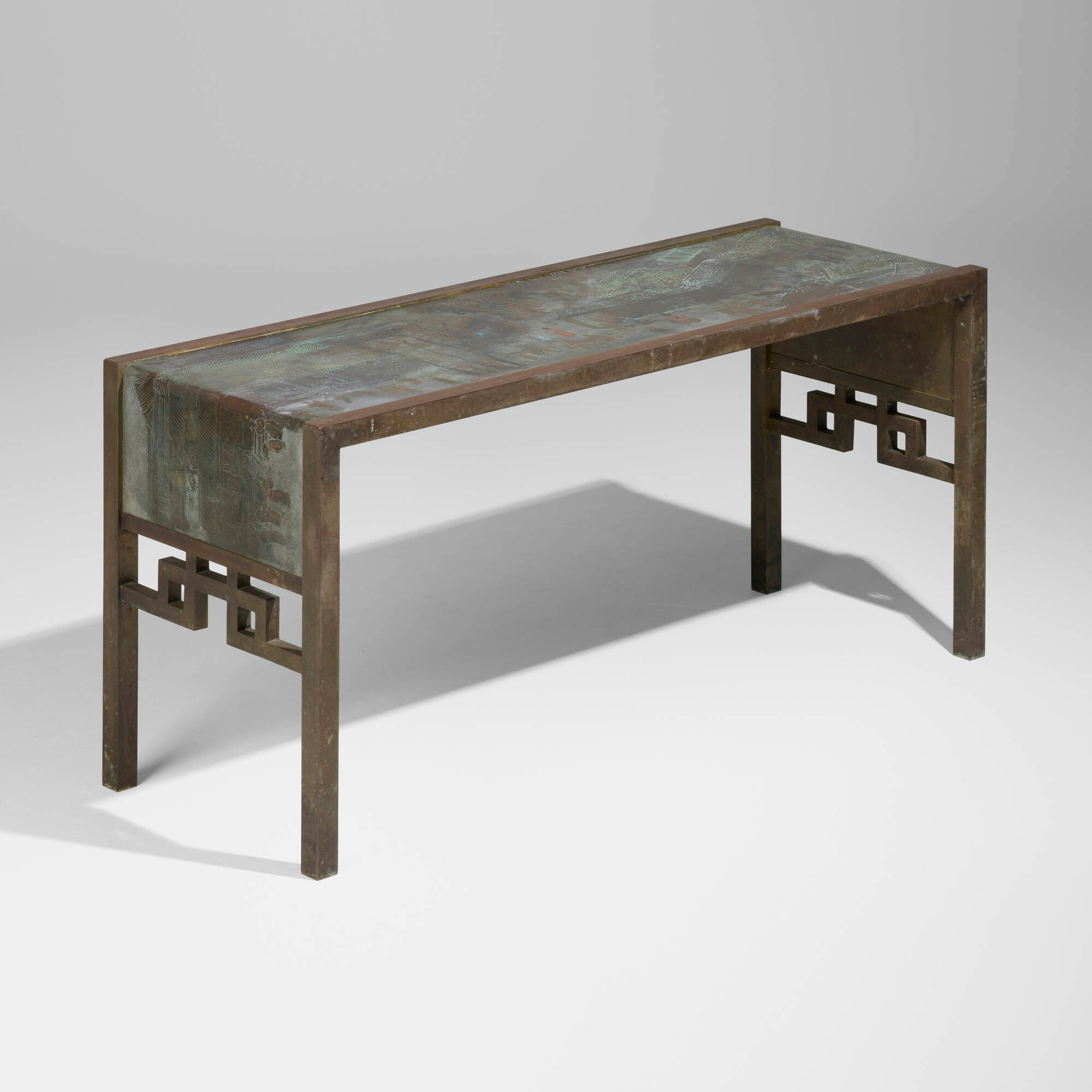 Philip and Kelvin LaVerne, Festival console table: Philip and Kelvin LaVerne Festival console table USA, c. 1965 etched, polychromed, and patinated bronze, brass, pewter 26 h x 56 w x 20 d in (66 x 142 x 51 cm) Raised signature to top 'Philip