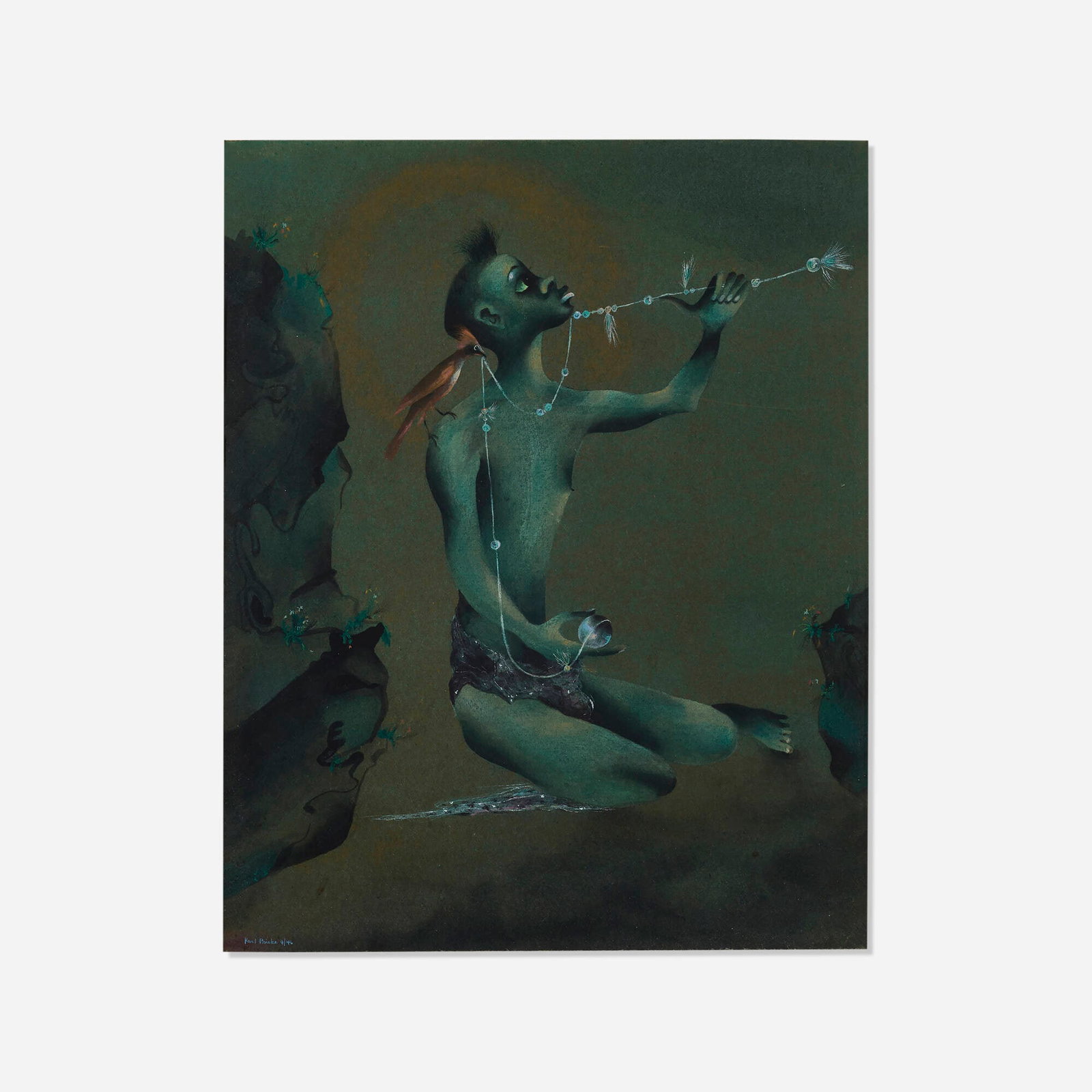 Karl Priebe, The Bewitched Julian: Karl Priebe The Bewitched Julian 1946 casein and gouache on board 20 h x 16 w in (51 x 41 cm) Signed and dated to lower left 'Karl 4|46'. Signed, titled, dated, and inscribed to verso '