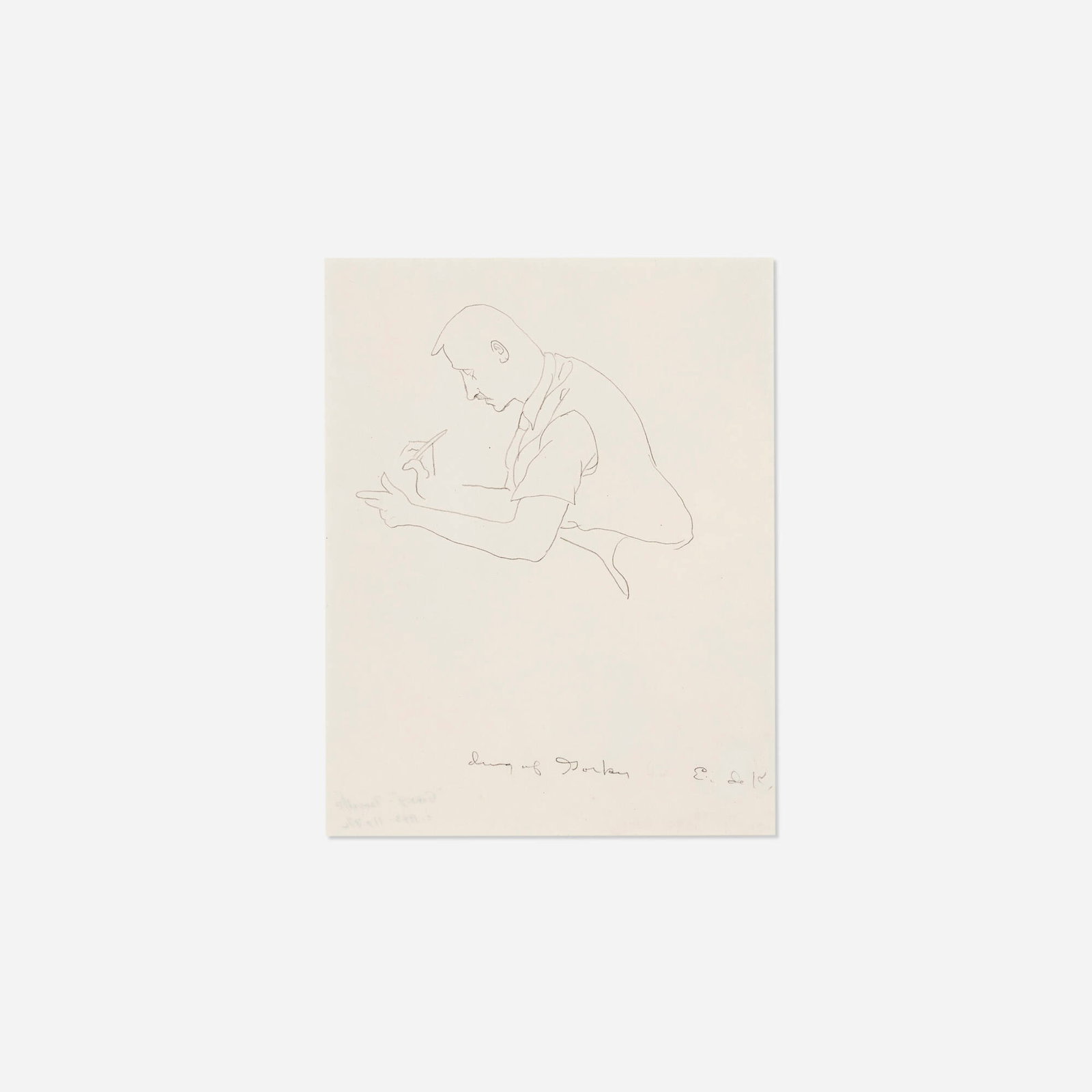 Elaine de Kooning, Portrait of Arshile Gorky: Elaine de Kooning Portrait of Arshile Gorky c. 1943 graphite on paper 11 h x 8.5 w in (28 x 22 cm) Signed and inscribed to lower edge 'drawing of Gorky E. de K.'. Provenance: Estate of the