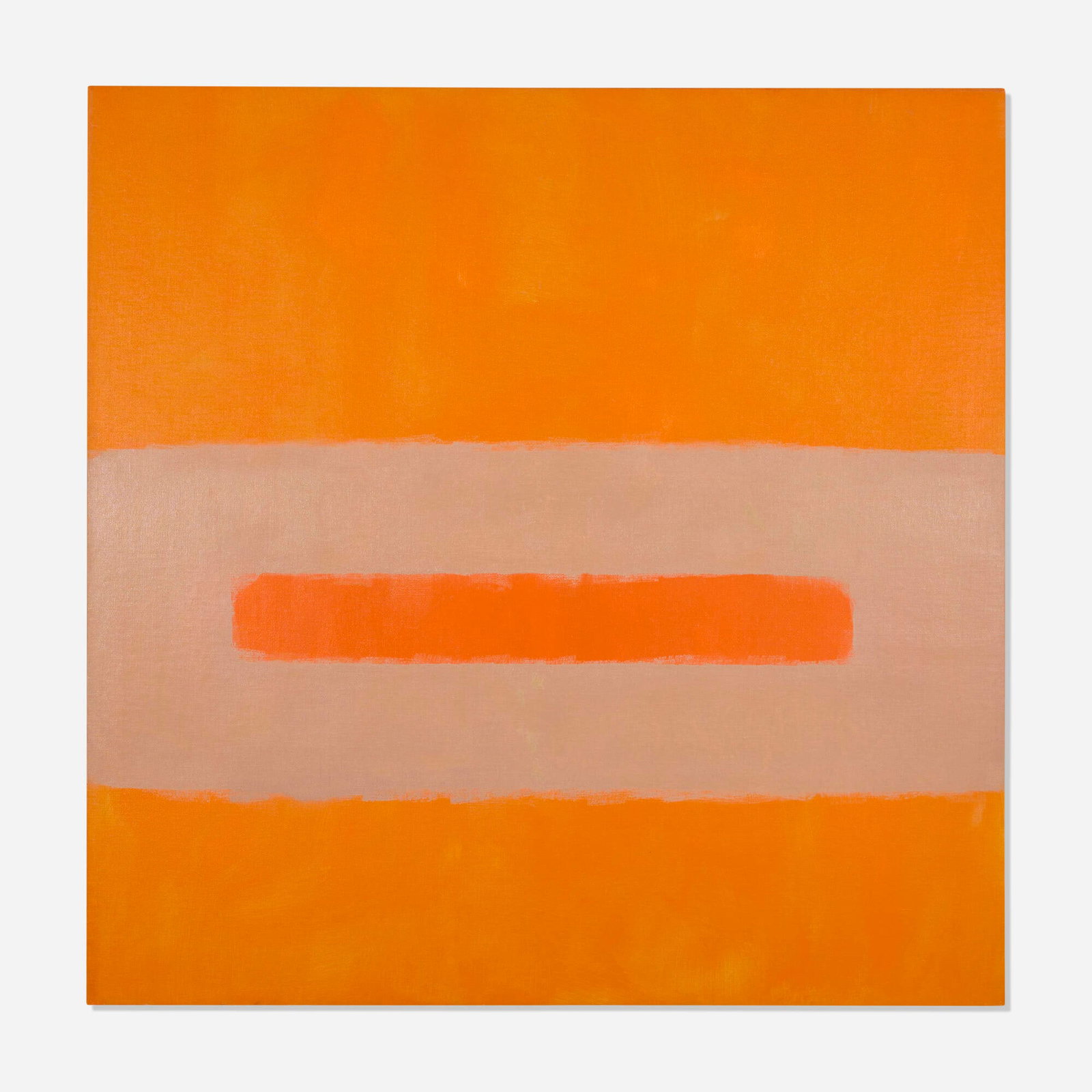 Perle Fine, Untitled (Cool Series Tan Over Orange): Perle Fine Untitled (Cool Series Tan Over Orange) oil on canvas 49.75 h x 49.75 w in (126 x 126 cm) Provenance: The Artist | Spanierman Gallery, New York | Private Collection This work will ship from