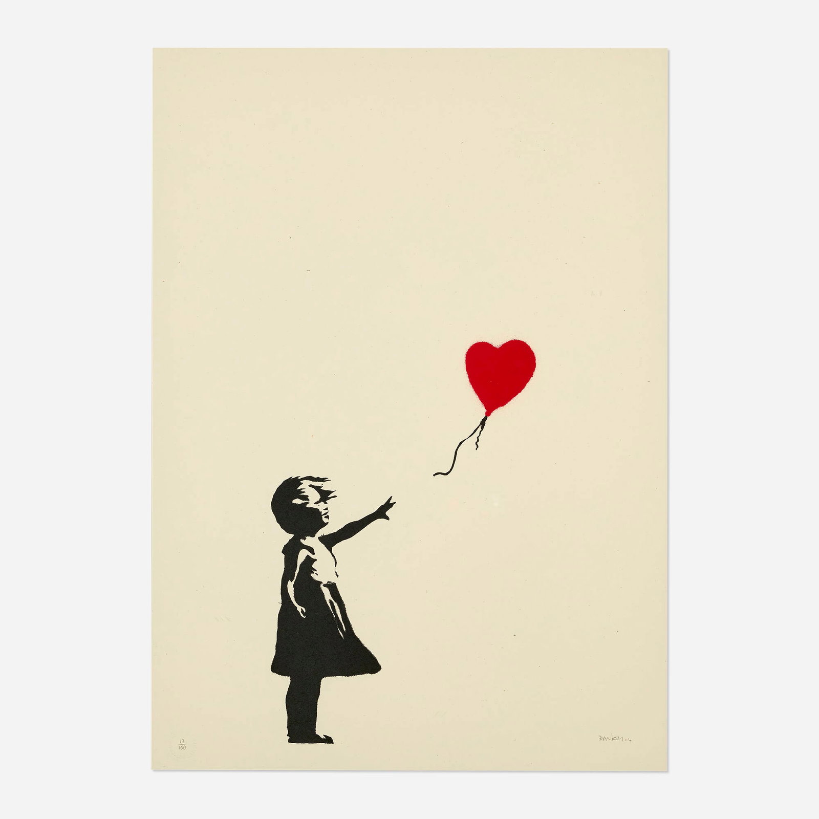 Banksy, Girl with Balloon: Banksy Girl with Balloon 2004 screenprint in colors image: 15.5 h x 10.5 w in (39 x 27 cm) sheet: 27.5 h x 19.625 w in (70 x 50 cm) Signed, dated, and numbered to lower edge '17/150 Banksy