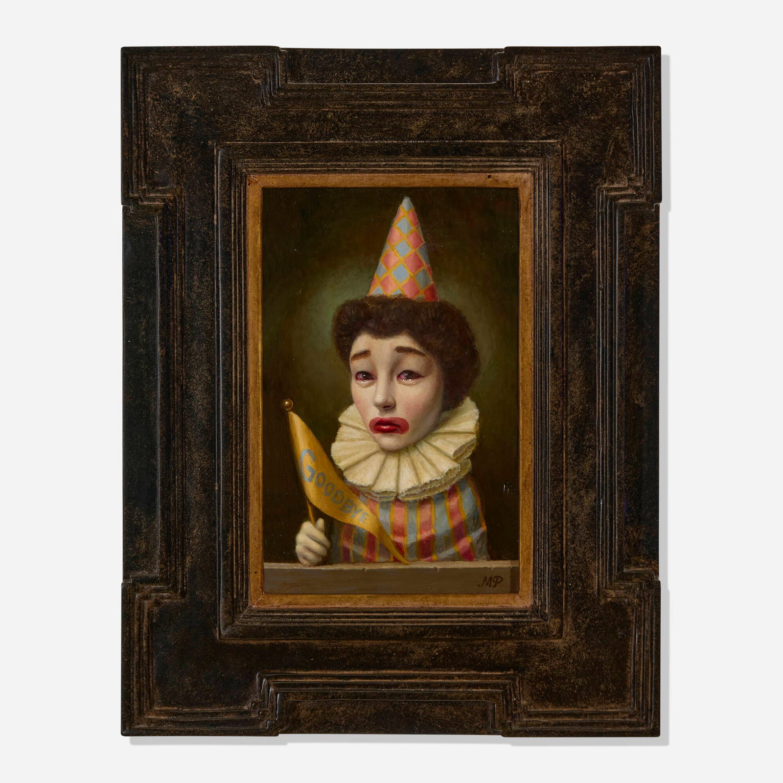 Marion Peck, Goodbye Clown: Marion Peck Goodbye Clown 2025 oil on panel in artist's frame 16.5 h x 13 w x 1.5 d in (42 x 33 x 4 cm) Signed to lower right 'MP'. Signed to verso 'Marion Peck'. Provenance:<