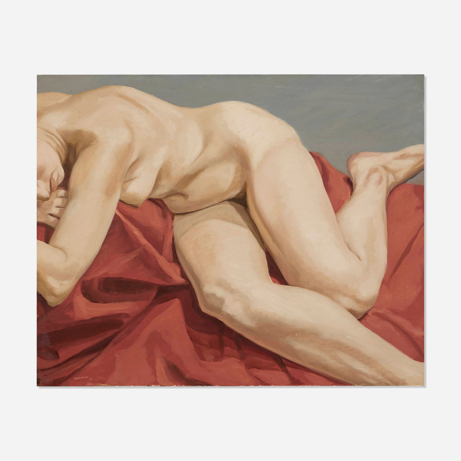 Philip Pearlstein, Nude on Red Drape: Philip Pearlstein Nude on Red Drape 1964 oil on canvas 24 h x 30 w in (61 x 76 cm) Signed and dated to lower left 'Pearlstein 64'. Provenance: Acquired directly from the artist, Collection
