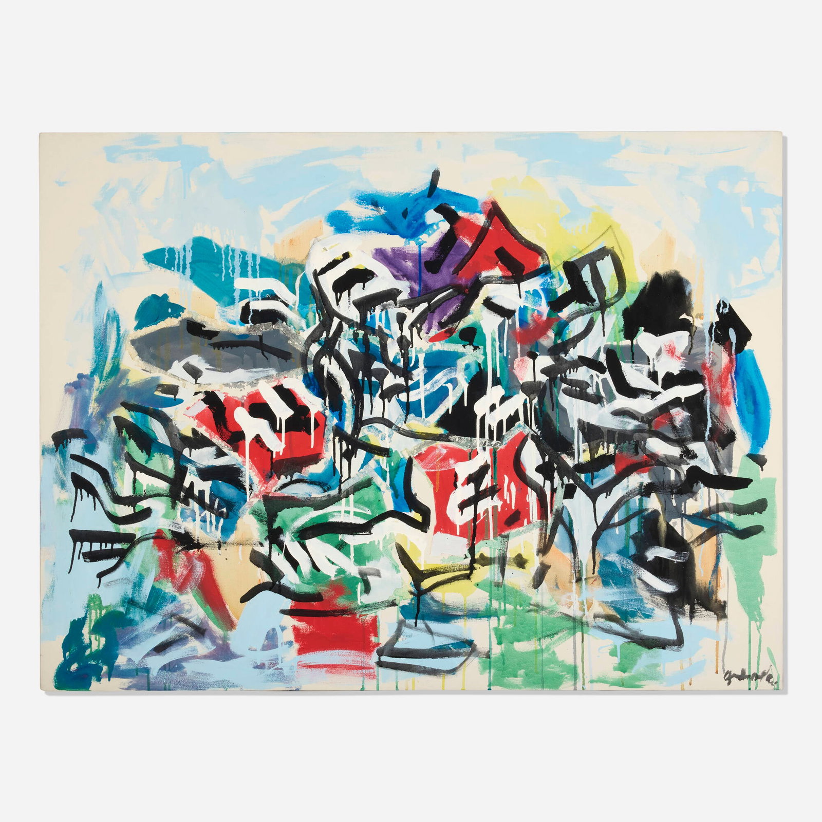 Robert Goodnough, Group: Robert Goodnough Group 1980 oil and acrylic on canvas 36.25 h x 41.25 w in (92 x 105 cm) Signed to lower right 'Goodnough'. Signed twice, titled, and dated twice to verso 'Group Goodnou