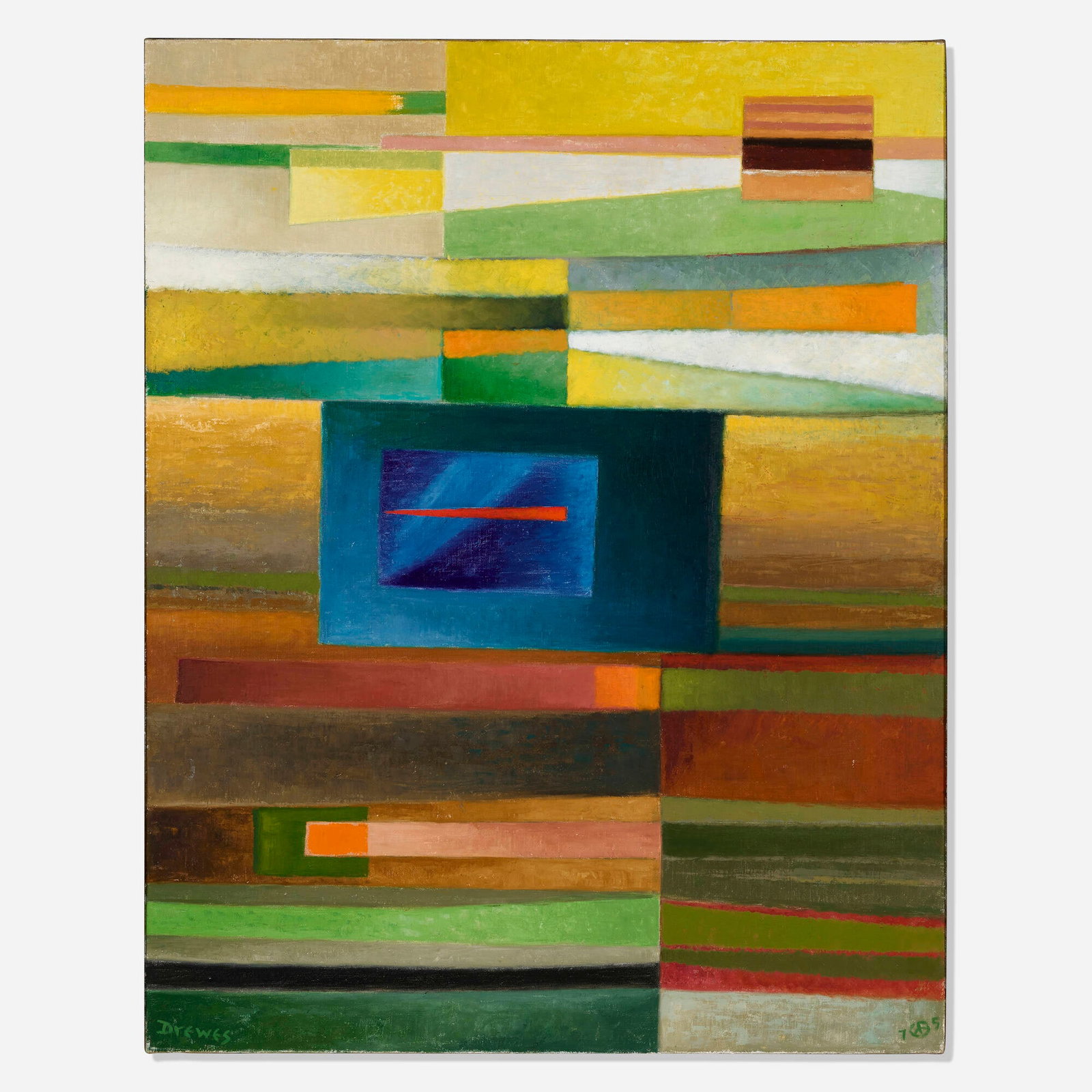 Werner Drewes, Horizontal Momentum: Werner Drewes Horizontal Momentum 1975 oil on canvas 38 h x 29.875 w in (97 x 76 cm) Signed and dated to lower edge 'Drewes 1975'. Signed, titled, and dated to verso 'Drewes Horizontal