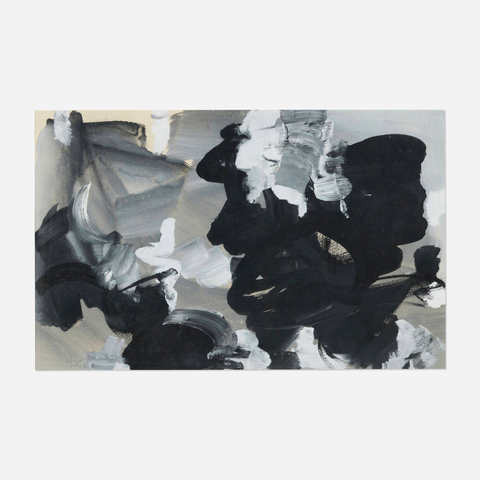 Jean Miotte, Untitled: Jean Miotte Untitled 1956 gouache on paper sight: 12.25 h x 19.5 w in (31 x 50 cm) Signed and dated to lower left 'Miotte 56'. Provenance: Gimpel & Weitzenhoffer Ltd., New York | Private